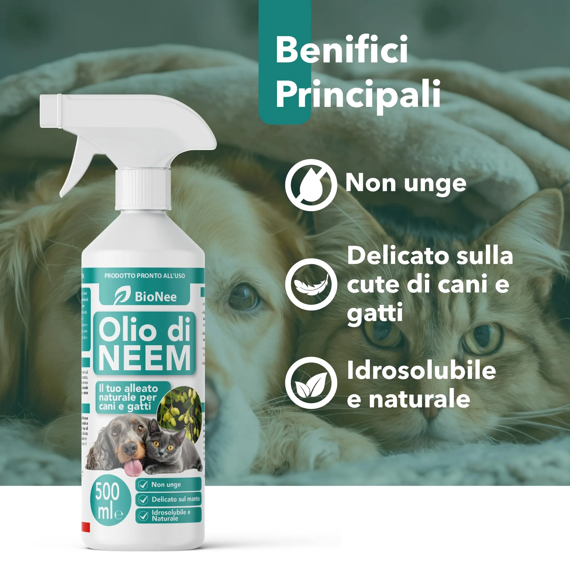 Olio di Neem per Cani e Gatti Spray 500 ml – Idrosolubile, Naturale, Non Unge – Azione Delicata, Effetto Barriera Sgradito a Zecche Pulci Zanzare Insetti - immagine 2