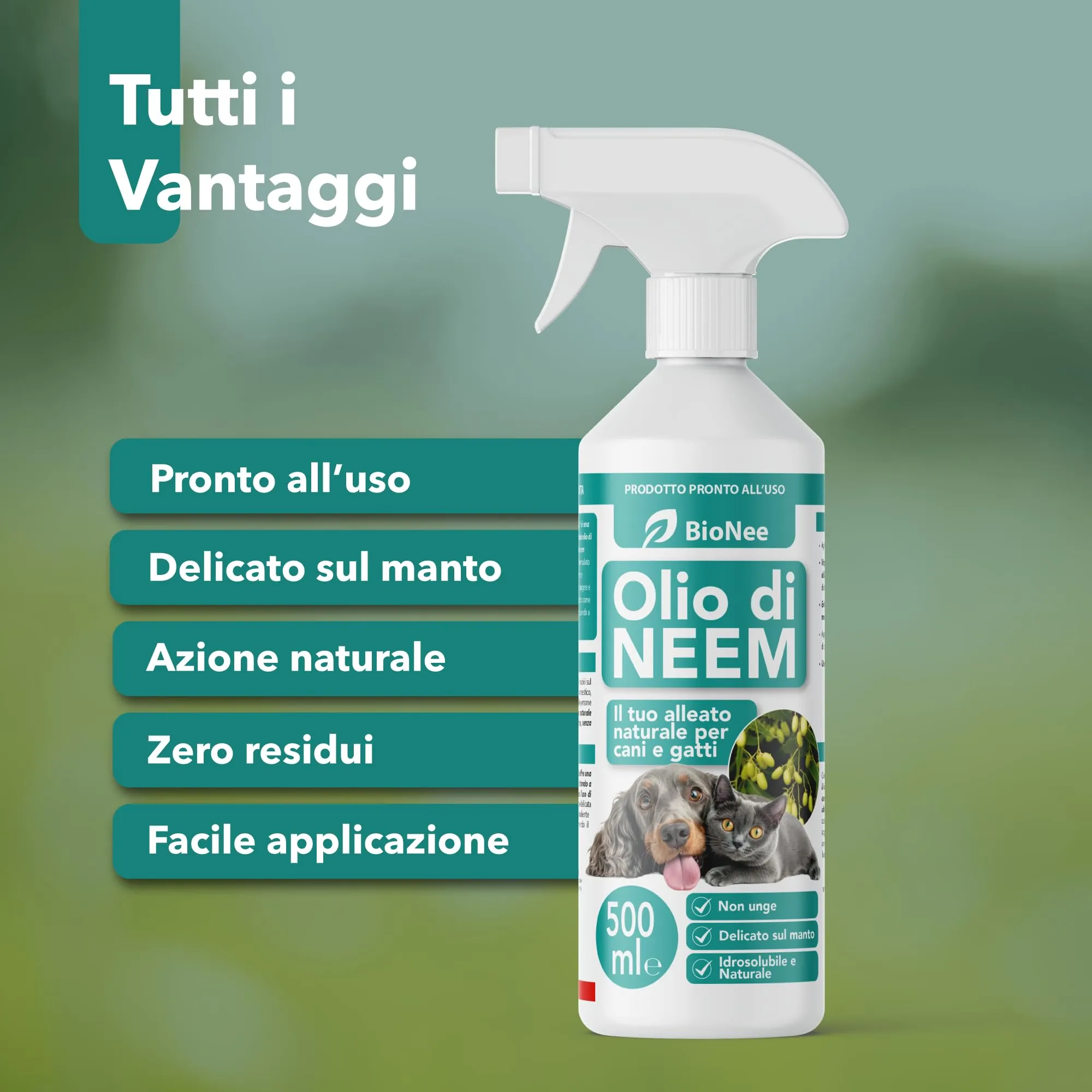 Olio di Neem per Cani e Gatti Spray 500 ml – Idrosolubile, Naturale, Non Unge – Azione Delicata, Effetto Barriera Sgradito a Zecche Pulci Zanzare Insetti - immagine 5