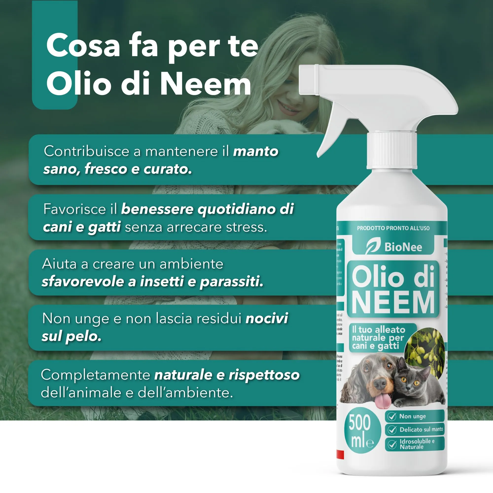 Olio di Neem per Cani e Gatti Spray 500 ml – Idrosolubile, Naturale, Non Unge – Azione Delicata, Effetto Barriera Sgradito a Zecche Pulci Zanzare Insetti - immagine 6