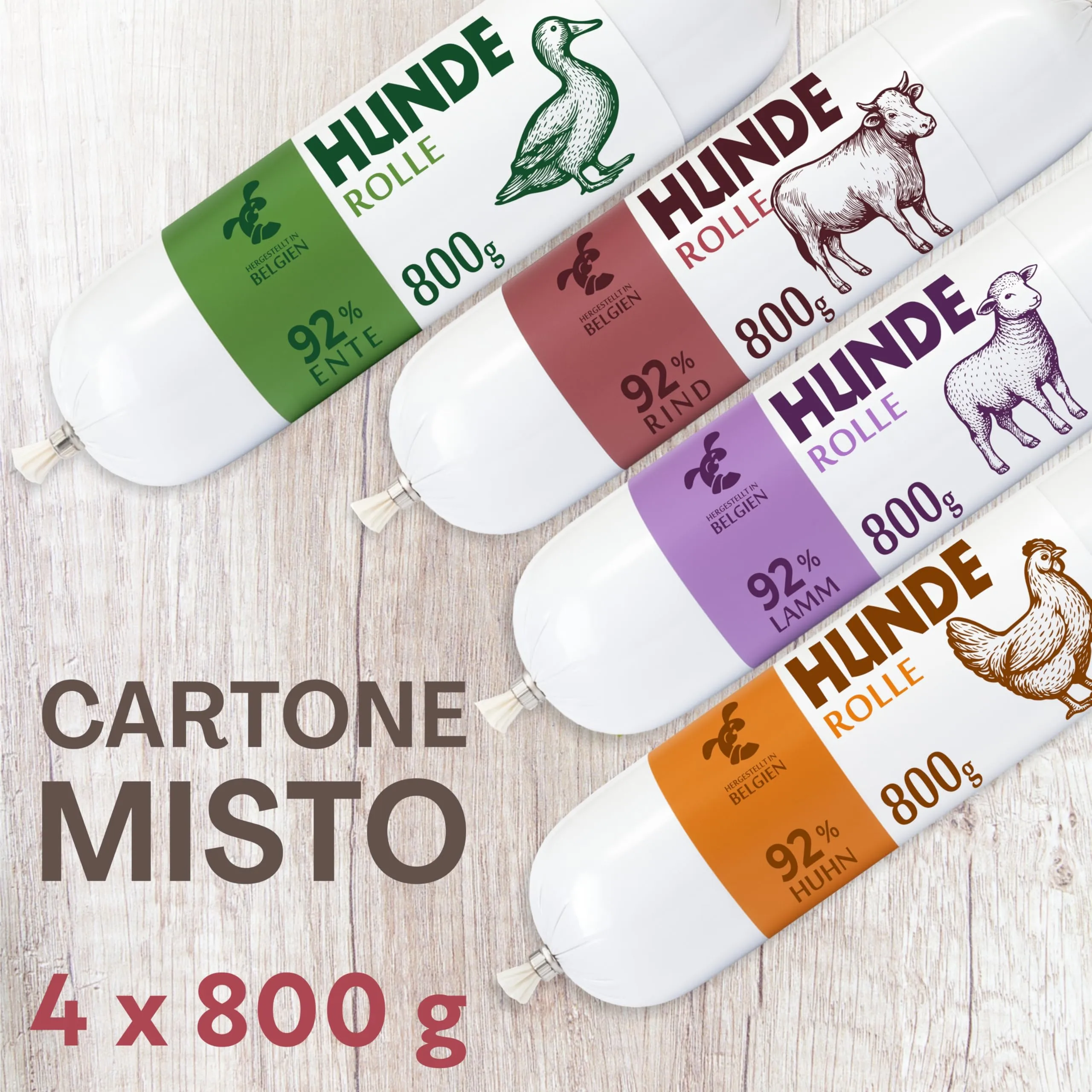 CHEWSTER Salsiccia per cani – mix – 1 × pollo, 1 × anatra, 1 × agnello, 1 × manzo – 4 × 800 g (3,2 kg) – Rotolo di cibo umido per cani senza cereali ad alto contenuto di carne – Alimento completo - immagine 2