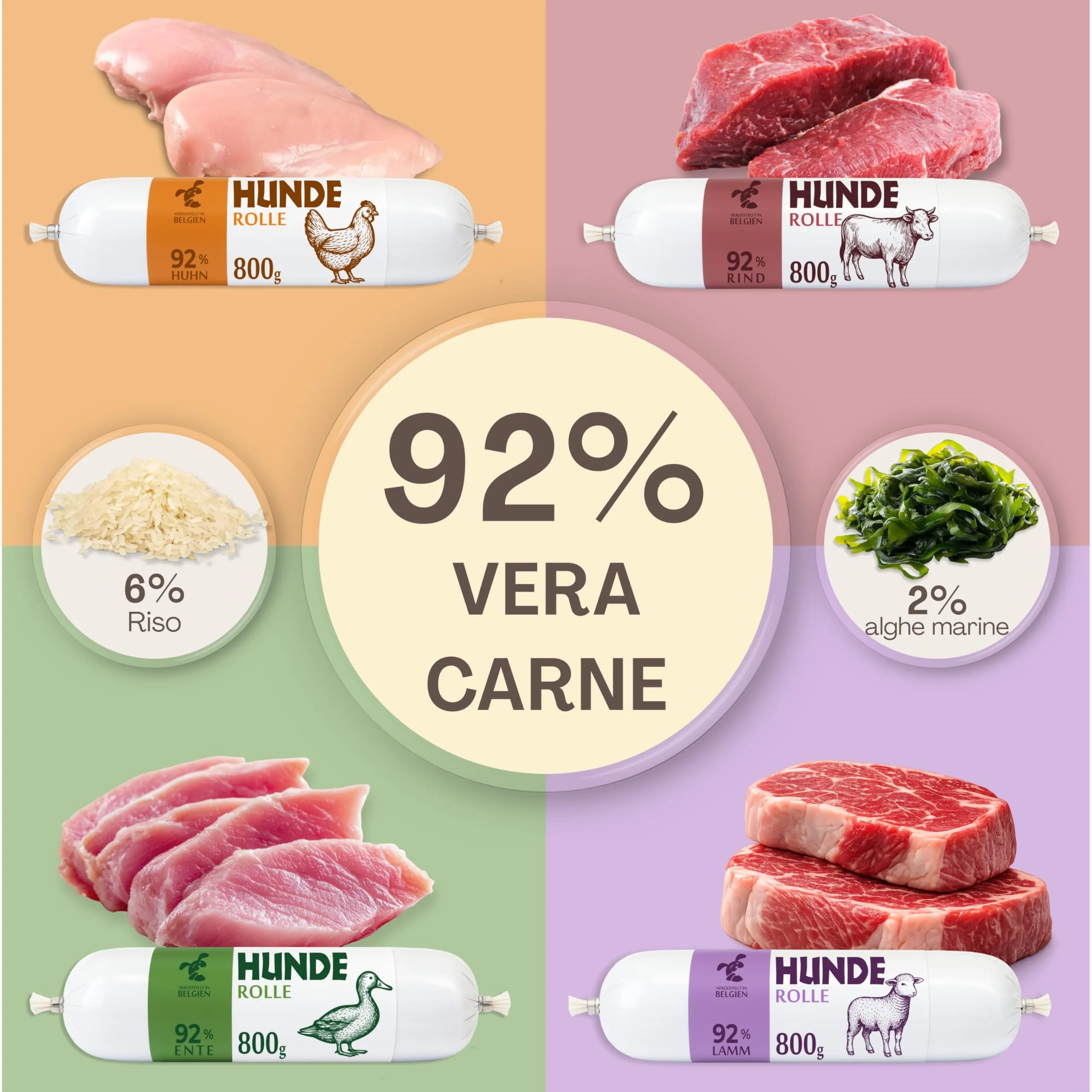 CHEWSTER Salsiccia per cani – mix – 1 × pollo, 1 × anatra, 1 × agnello, 1 × manzo – 4 × 800 g (3,2 kg) – Rotolo di cibo umido per cani senza cereali ad alto contenuto di carne – Alimento completo - immagine 3