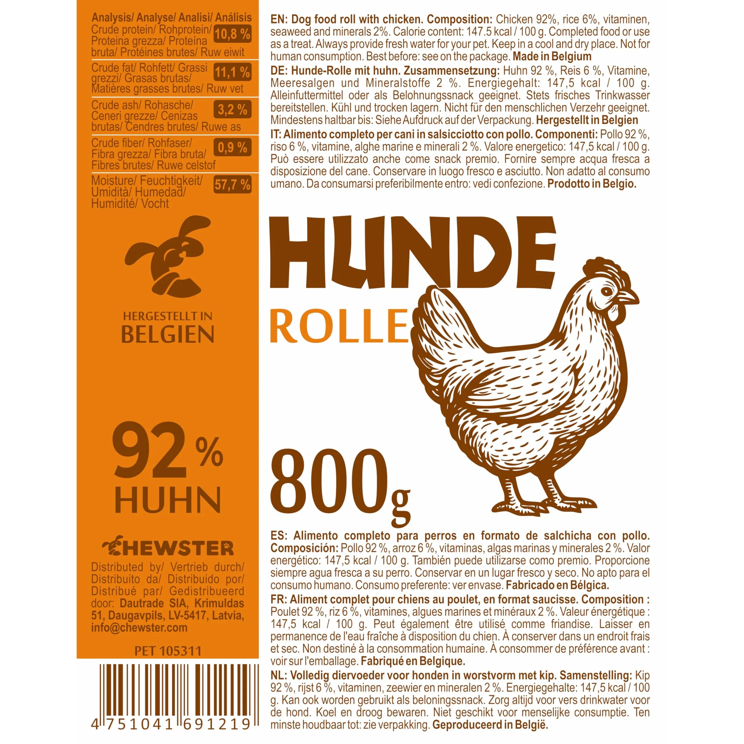 CHEWSTER Salsiccia per cani – mix – 1 × pollo, 1 × anatra, 1 × agnello, 1 × manzo – 4 × 800 g (3,2 kg) – Rotolo di cibo umido per cani senza cereali ad alto contenuto di carne – Alimento completo - immagine 6