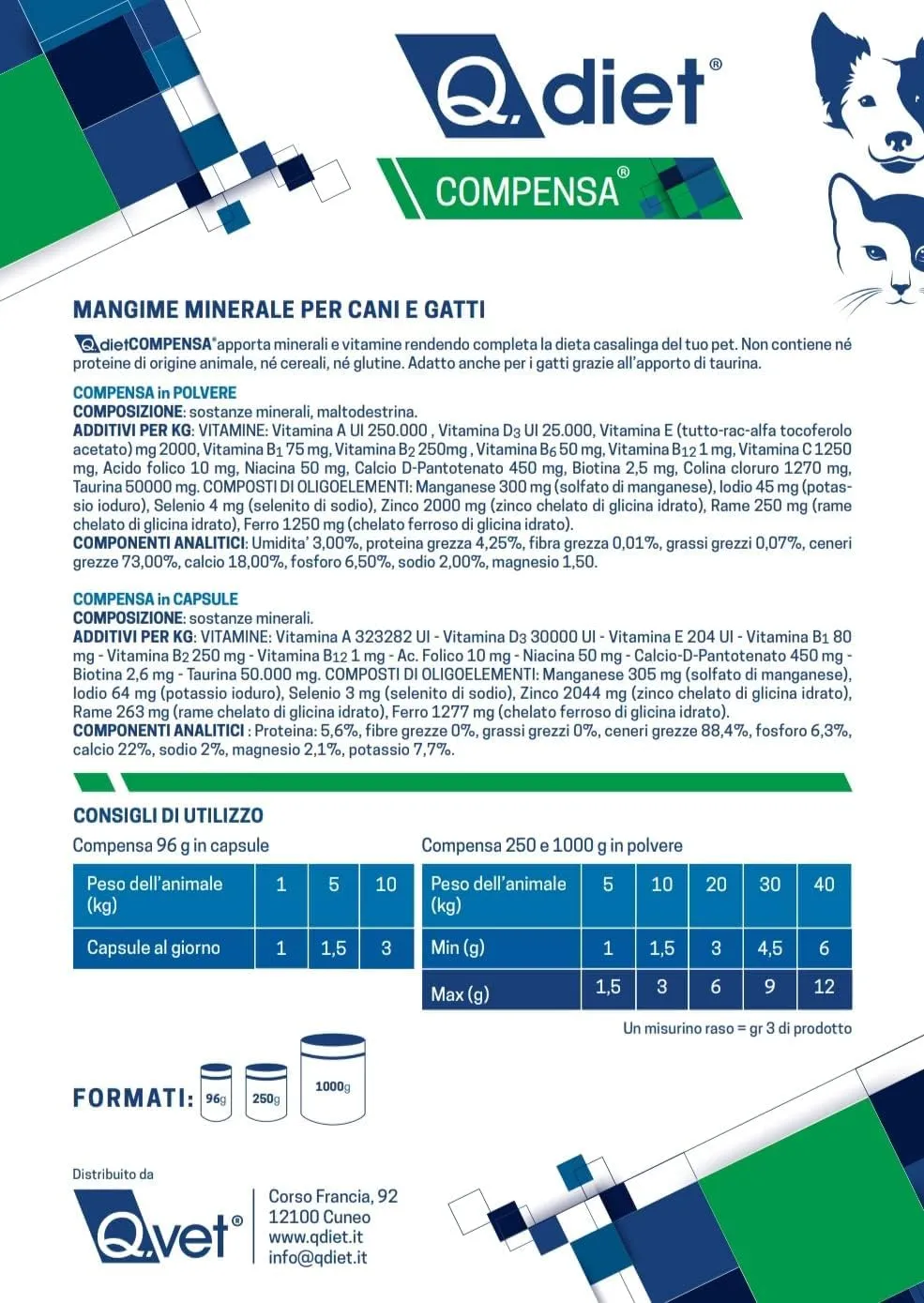 Q Diet Compensa 120 Capsule Cane Gatto Con Alga Spirulina. Alimento Complementare Ricco di Vitamine e Minerali a Completamento delle Diete Casalinghe Per Cani di Piccola Taglia e Gatti - immagine 3