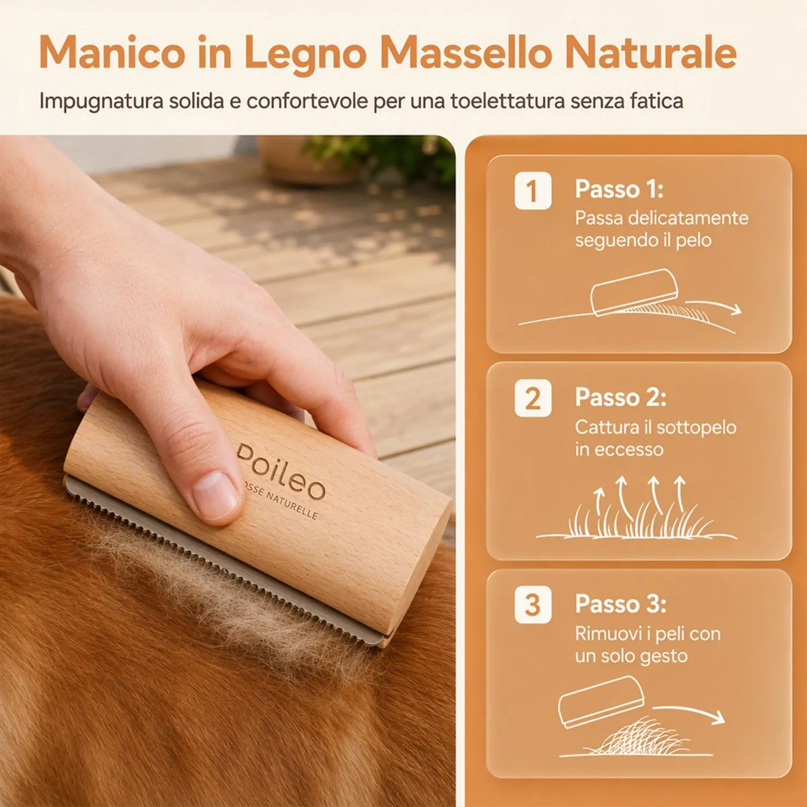 Poileo Spazzola Cani – Spazzola per Peli Morti per Cani, Gatti e Cavalli, Rimuove il Sottopelo in Modo Delicato, Adatta a Tutti i Tipi di Manto, 3 Misure Disponibili - immagine 6