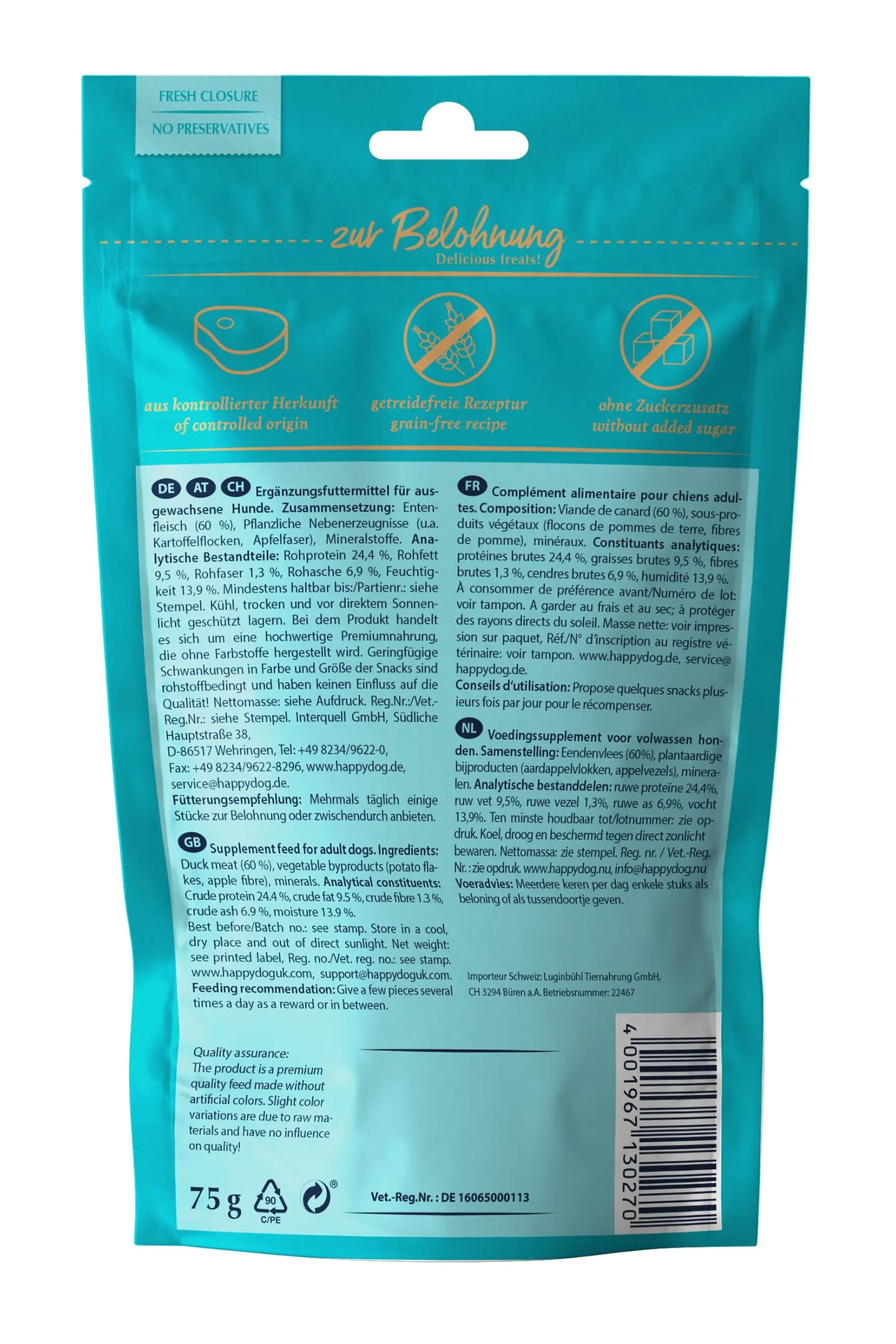 Happy Dog 60699 – Meat Snack Costa del Mare del Nord – Deliziosi per cani sensibili in carne di anatra essiccata – 75 g - immagine 5