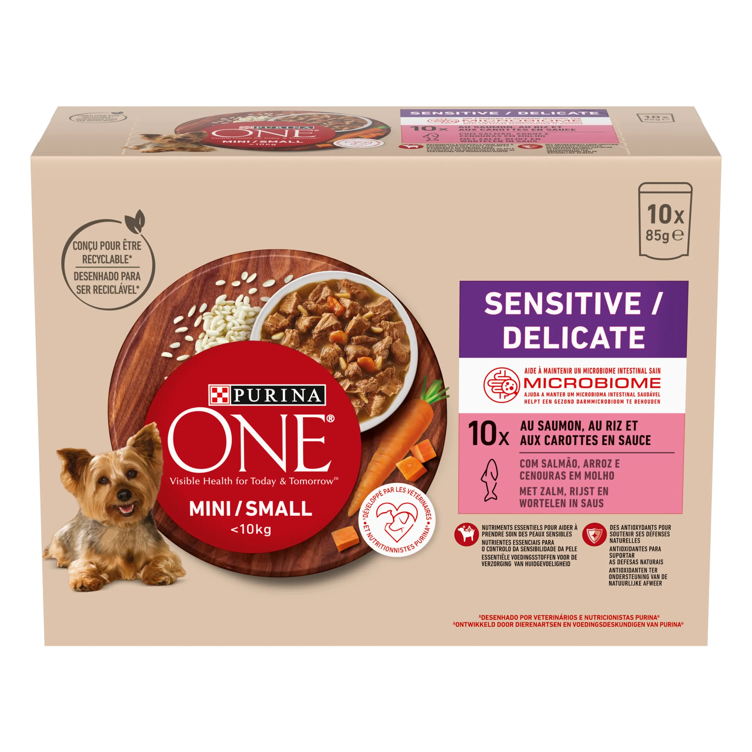 PURINA ONE Mini/S <10kg Sensitiva/Delicata, Sbucciati con Salmone, Riso e Carote in Salsa per Cani Adulti di Piccola Dimensione, Digestione Sensibile Bustine Pasto 10x85g - immagine 2