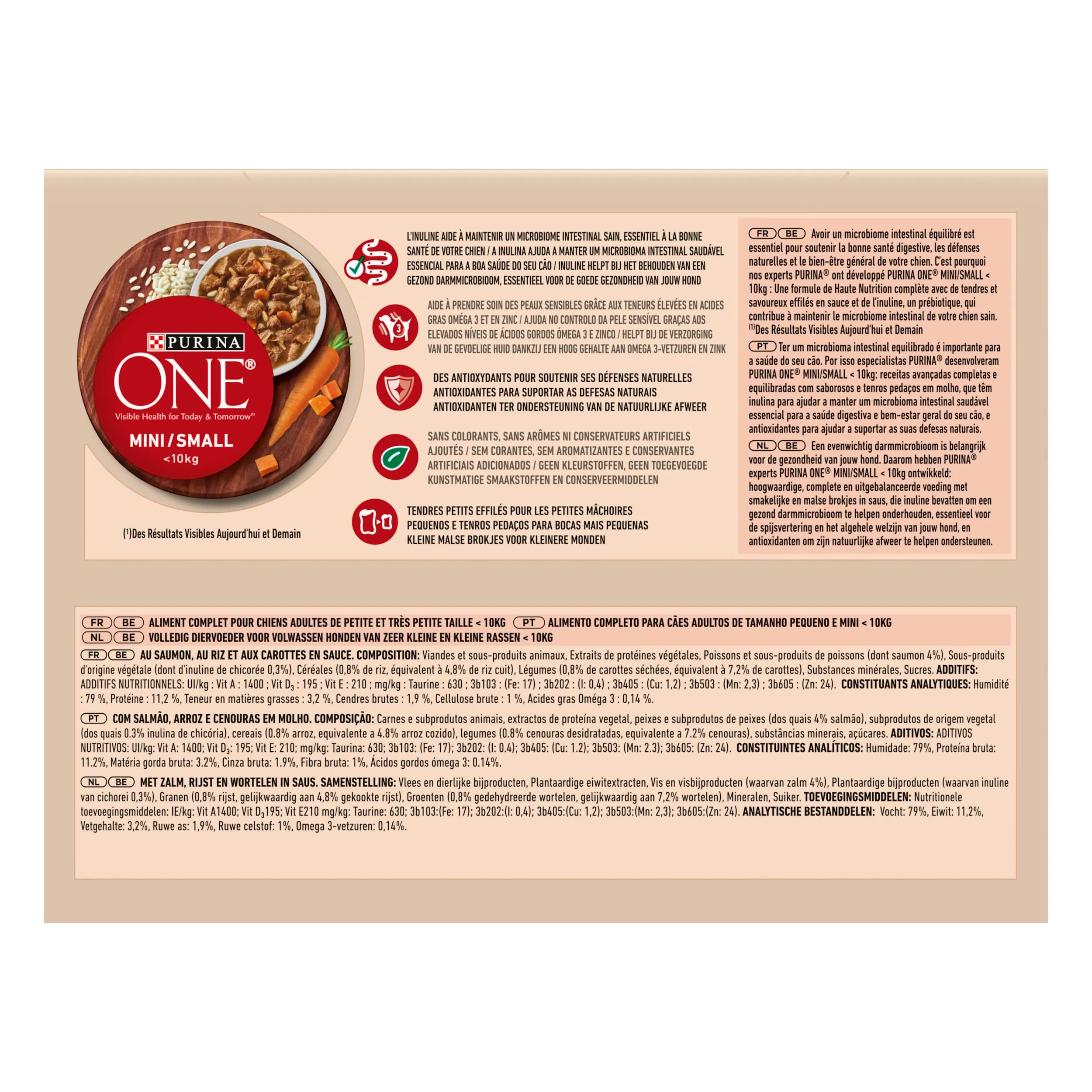 PURINA ONE Mini/S <10kg Sensitiva/Delicata, Sbucciati con Salmone, Riso e Carote in Salsa per Cani Adulti di Piccola Dimensione, Digestione Sensibile Bustine Pasto 10x85g - immagine 3