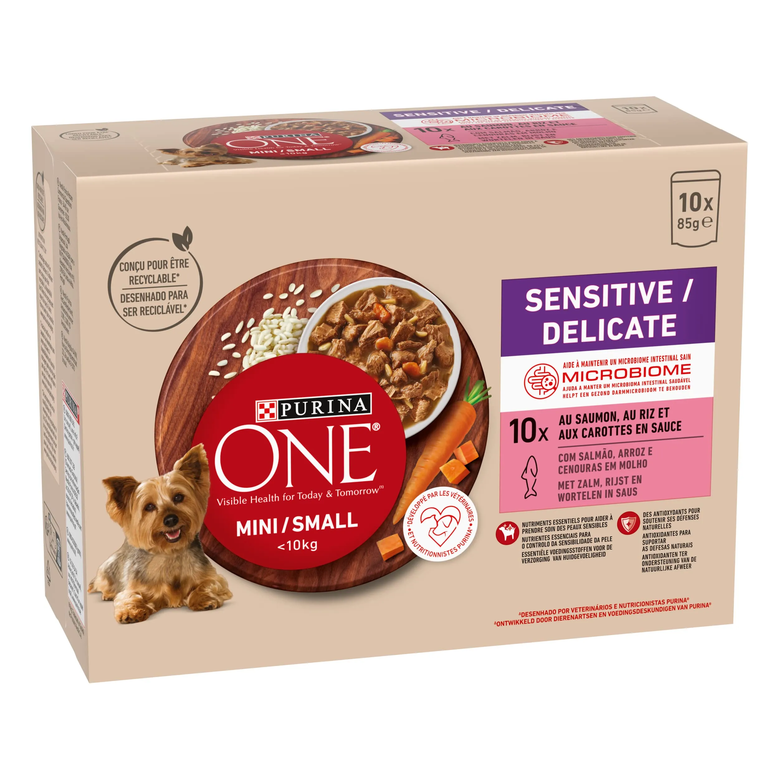PURINA ONE Mini/S <10kg sensitiva/delicata, sbucciati con salmone, riso e carote in salsa per cani adulti di piccola taglia | digestione sensibile bustine pasto 10 x 85 g | Confezione da 6 - immagine 4