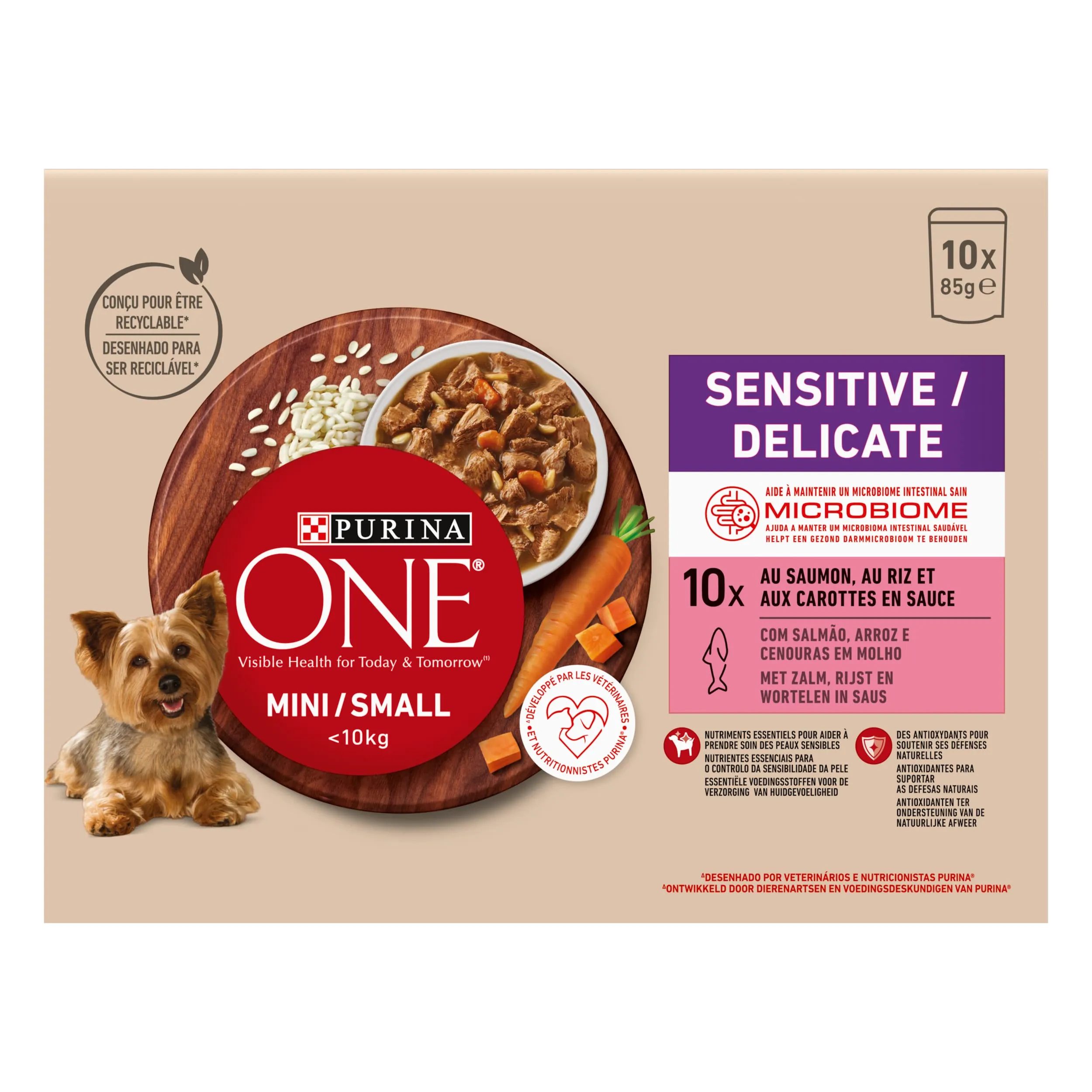 PURINA ONE Mini/S <10kg sensitiva/delicata, sbucciati con salmone, riso e carote in salsa per cani adulti di piccola taglia | digestione sensibile bustine pasto 10 x 85 g | Confezione da 6 - immagine 5