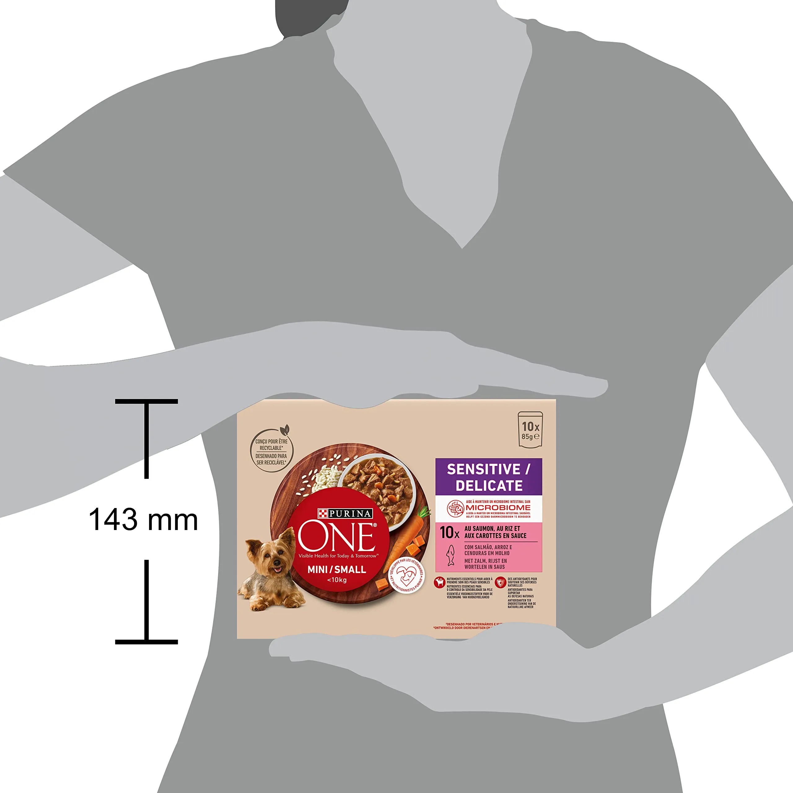 PURINA ONE Mini/S <10kg sensitiva/delicata, sbucciati con salmone, riso e carote in salsa per cani adulti di piccola taglia | digestione sensibile bustine pasto 10 x 85 g | Confezione da 6 - immagine 6