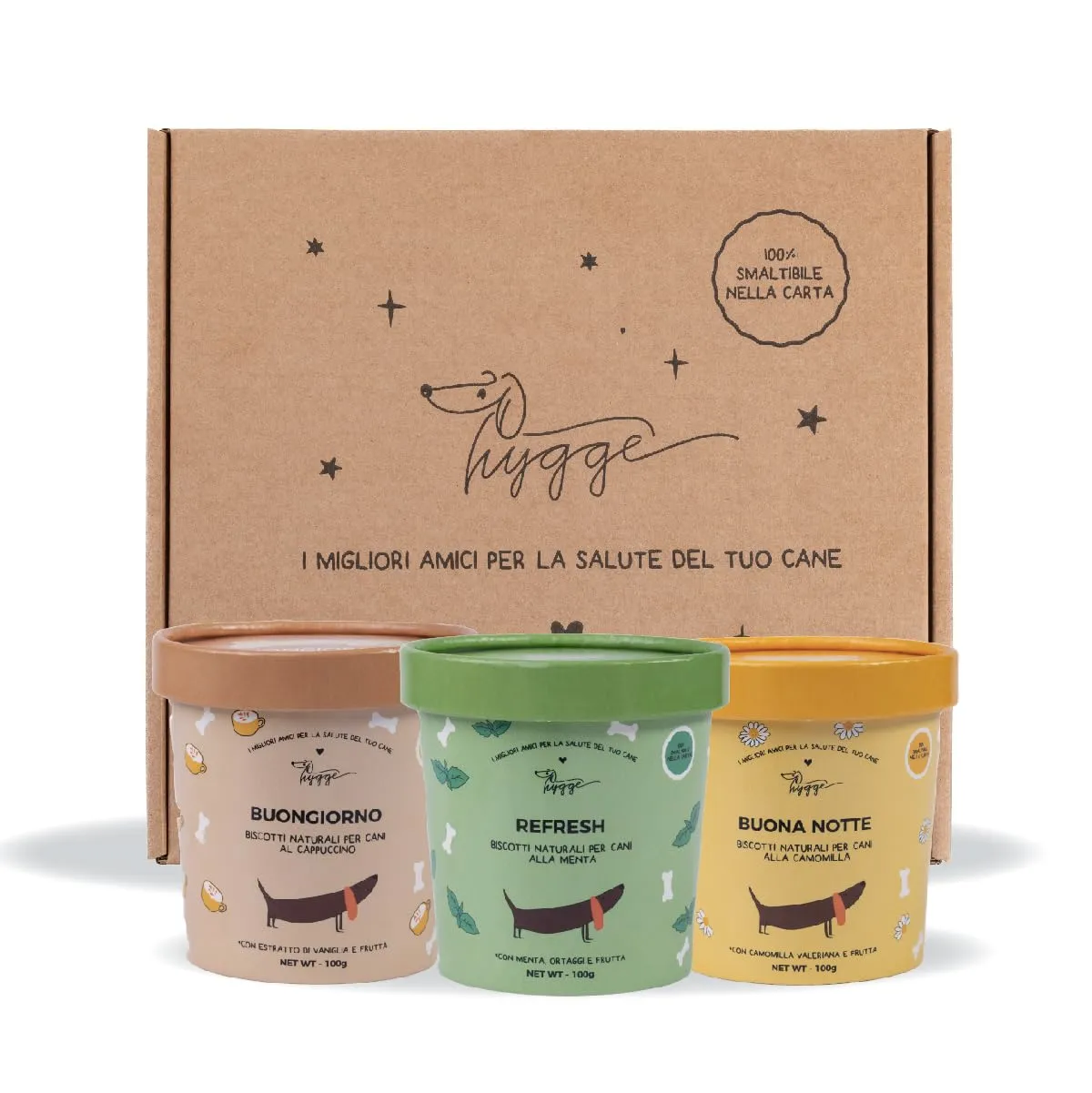 Hygge Dog Routine box: Biscotti naturali per Cani SET 3 Confezioni (Buongiorno al Capuccino, Refresh, Buona notte alla Camomilla) | Snack Cane gustoso e sano, adatto a tutte le taglie | 300 gr - immagine 1