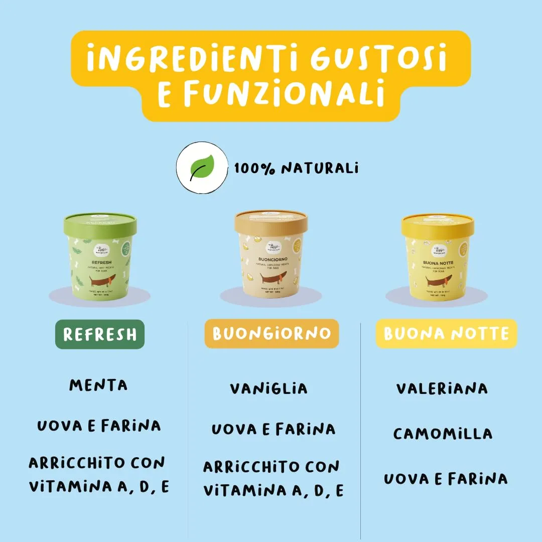 Hygge Dog Routine box: Biscotti naturali per Cani SET 3 Confezioni (Buongiorno al Capuccino, Refresh, Buona notte alla Camomilla) | Snack Cane gustoso e sano, adatto a tutte le taglie | 300 gr - immagine 3