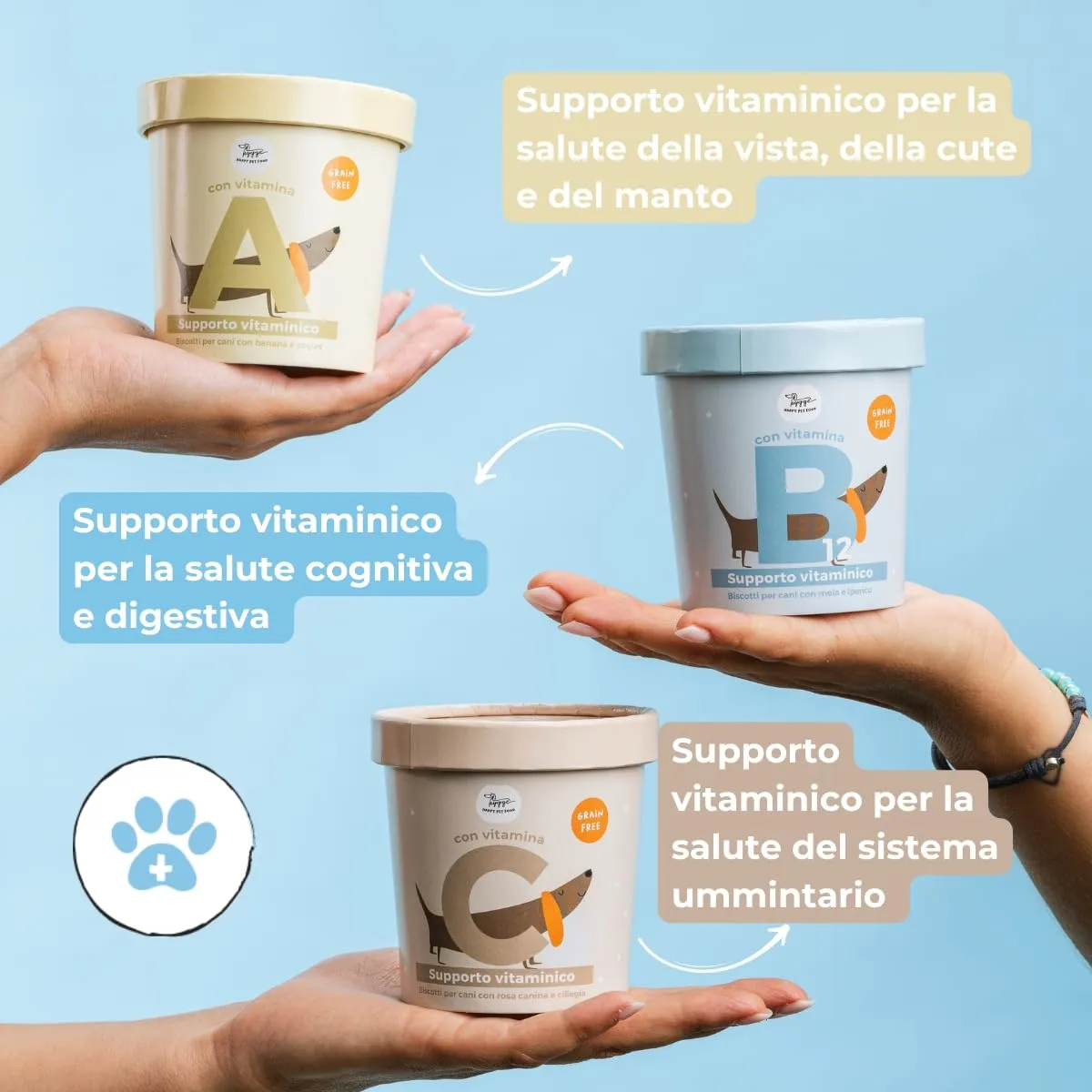 Hygge Dog Set 3X Biscotti per Cani Vitaminici, Snack per Cani Vit. A, B12, C | ABC della Salute del Cane senza Cereali nè Glutine | Appetitosi come uno Snack utili come un Integratore | 3x100gr - immagine 2