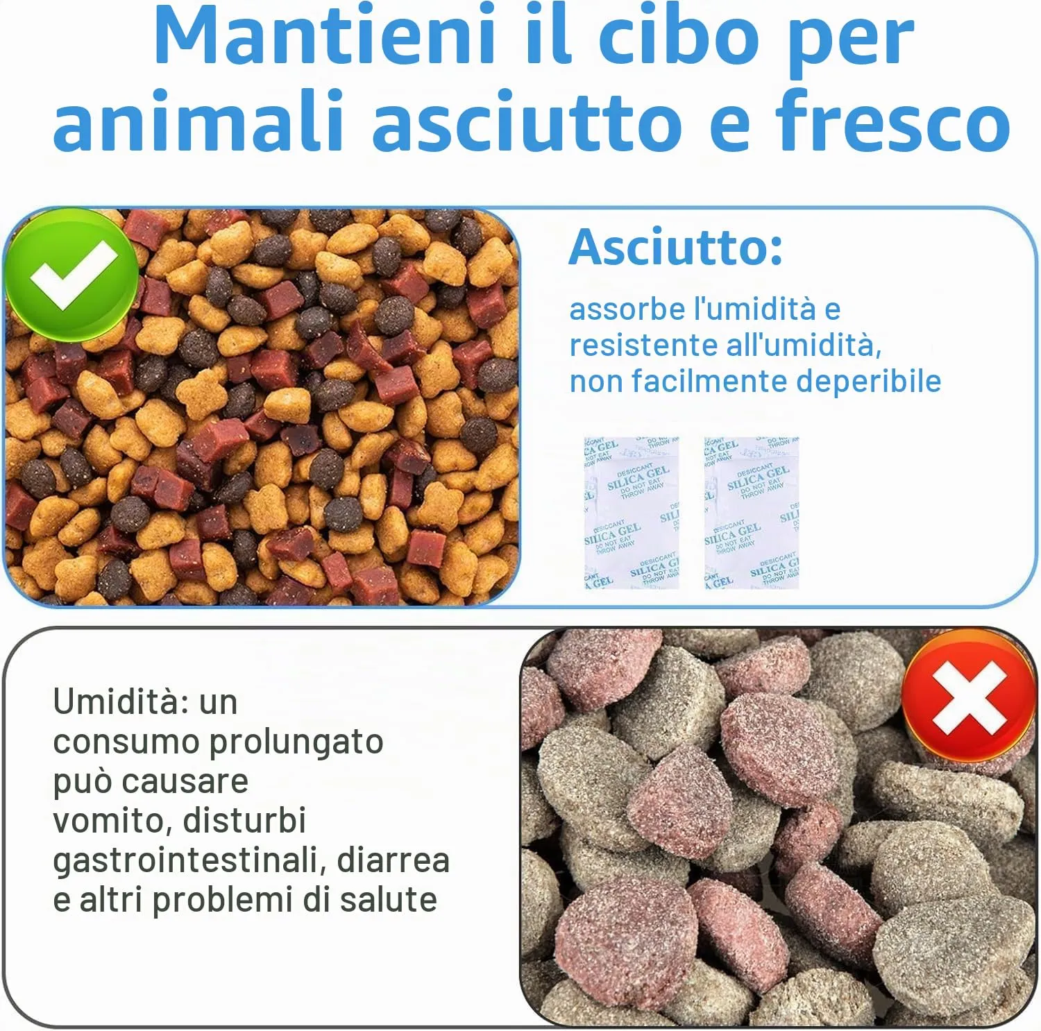 12 Pezzi Ricambio Distributore Cibo Animali, 25g Essiccante Gel Silice, Assorbitore Umidità Mantiene Asciutto e Fresco - immagine 4