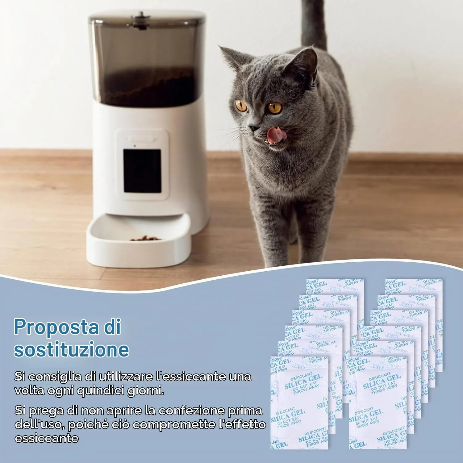 12 Pezzi Ricambio Distributore Cibo Animali, 25g Essiccante Gel Silice, Assorbitore Umidità Mantiene Asciutto e Fresco - immagine 5