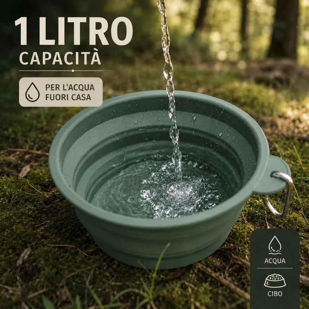 ROMNEYS Ciotola da viaggio pieghevole in silicone "On The Go", 1 l, senza BPA e lavabile in lavastoviglie, con moschettone, ideale per cani in viaggio, escursioni e avventure all'aria aperta - immagine 2