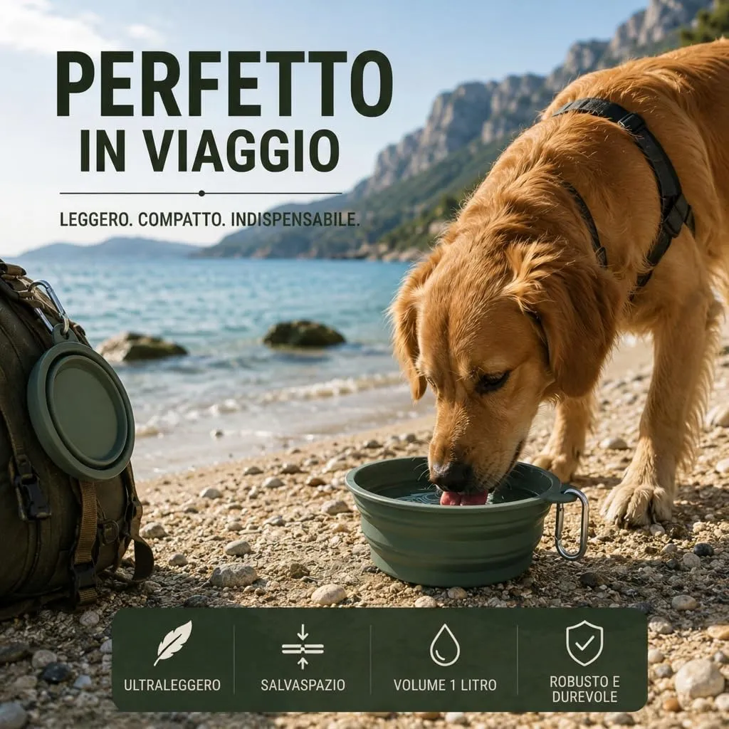 ROMNEYS Ciotola da viaggio pieghevole in silicone "On The Go", 1 l, senza BPA e lavabile in lavastoviglie, con moschettone, ideale per cani in viaggio, escursioni e avventure all'aria aperta - immagine 4