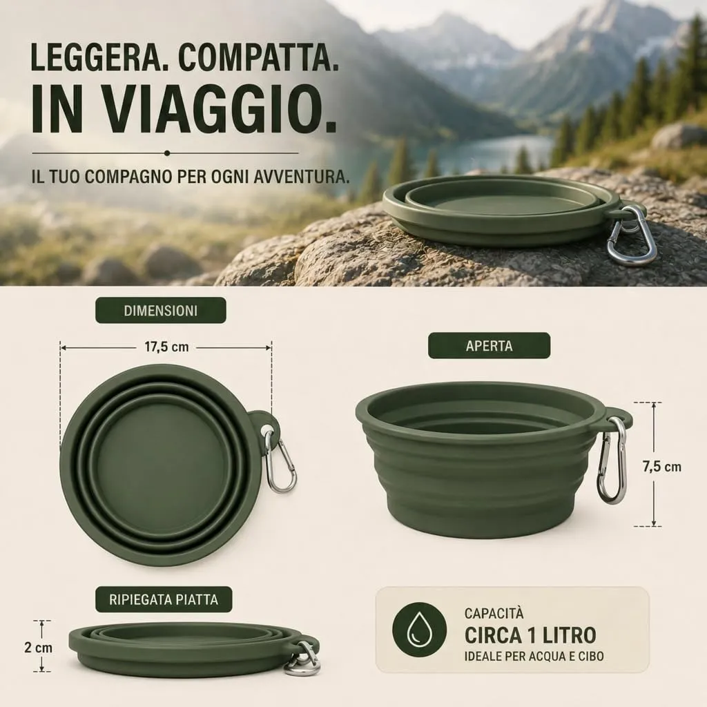 ROMNEYS Ciotola da viaggio pieghevole in silicone "On The Go", 1 l, senza BPA e lavabile in lavastoviglie, con moschettone, ideale per cani in viaggio, escursioni e avventure all'aria aperta - immagine 5