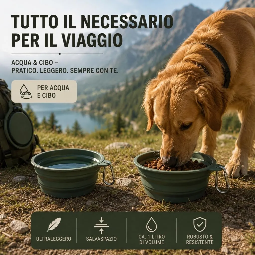 ROMNEYS Ciotola da viaggio pieghevole in silicone "On The Go", 1 l, senza BPA e lavabile in lavastoviglie, con moschettone, ideale per cani in viaggio, escursioni e avventure all'aria aperta - immagine 7