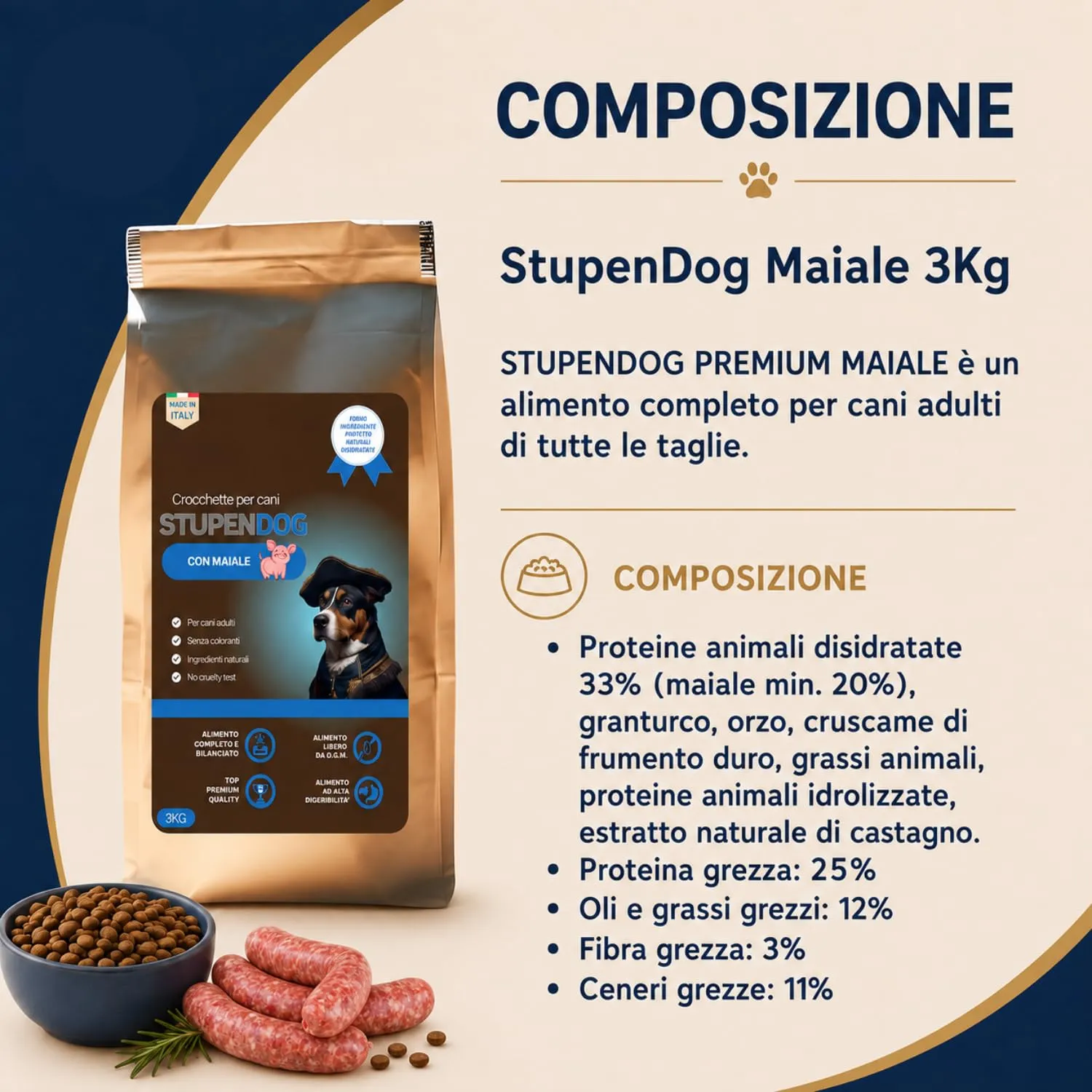 STUPENDOG Crocchette Cani Maiale 3kg per Cani Adulti Taglia Medio/grande in Mantenimento - Croccantini cane - Cibo per cani - immagine 2