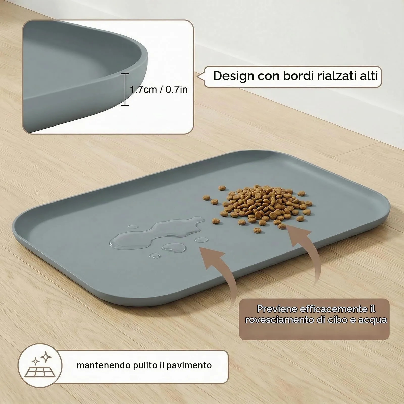 BLESWIN Tappetino impermeabile in silicone per alimentazione animali domestici con bordi rialzati, tappetino per ciotola gatto facile da pulire (Grigio, 60×40 cm) - immagine 3