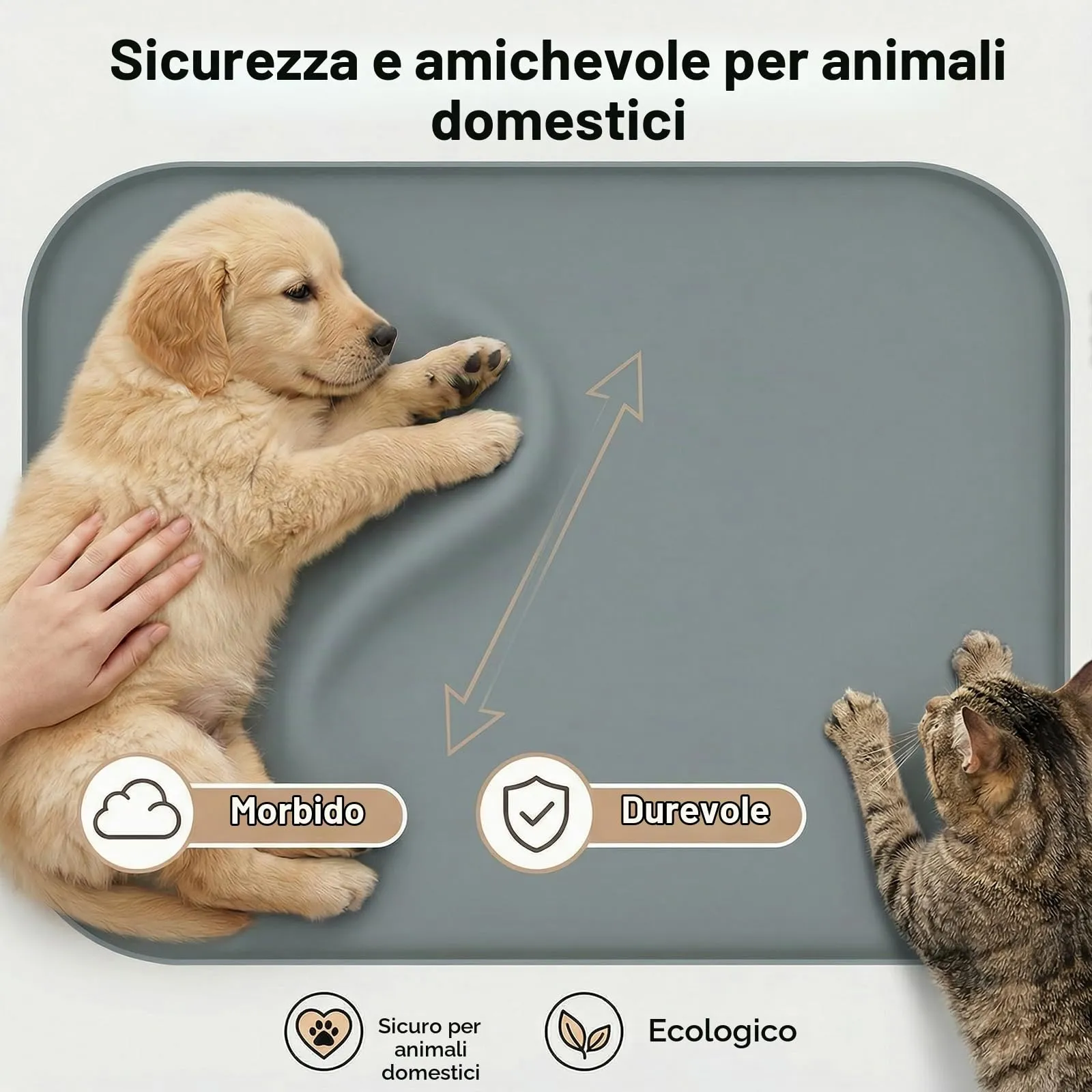 BLESWIN Tappetino impermeabile in silicone per alimentazione animali domestici con bordi rialzati, tappetino per ciotola gatto facile da pulire (Grigio, 60×40 cm) - immagine 6