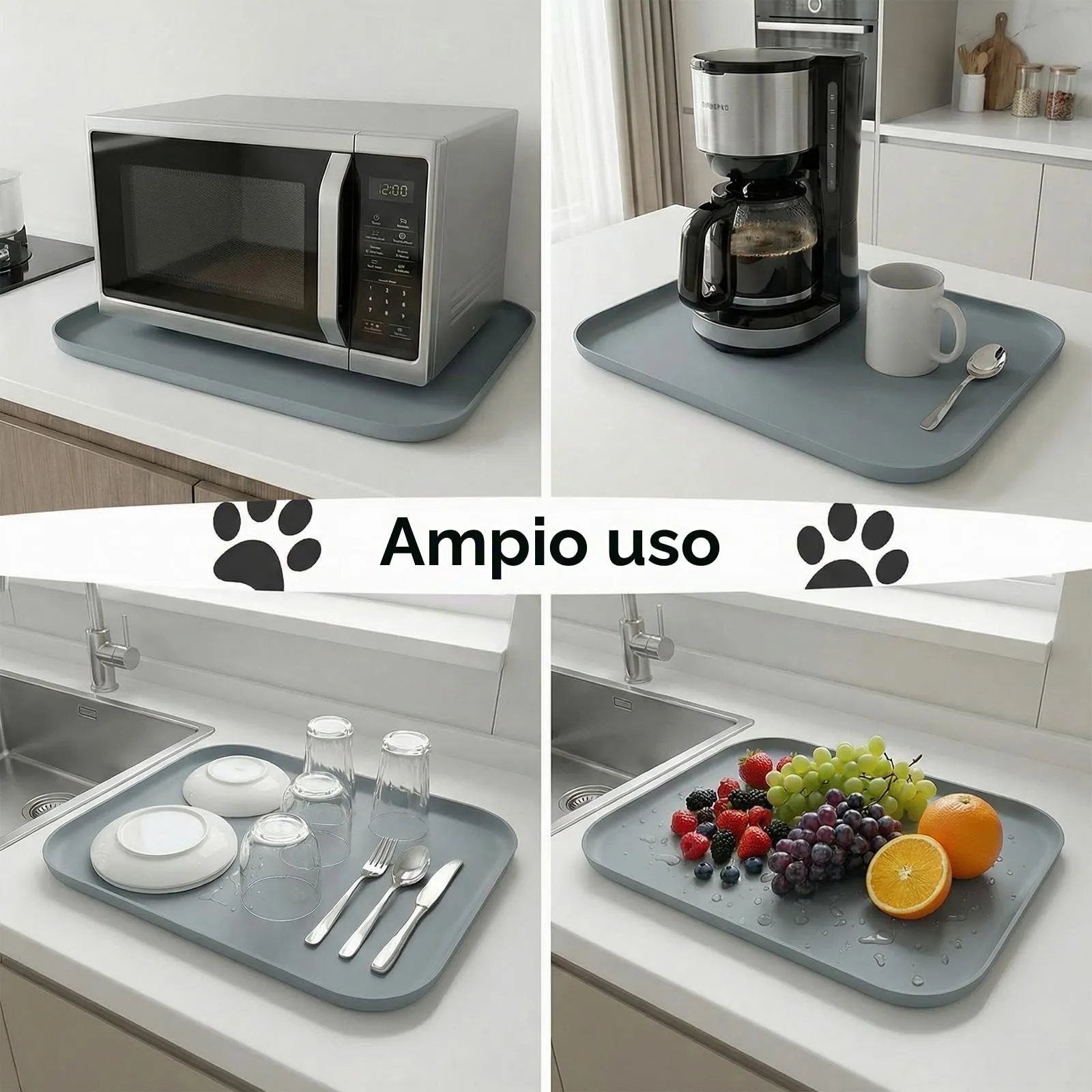 BLESWIN Tappetino impermeabile in silicone per alimentazione animali domestici con bordi rialzati, tappetino per ciotola gatto facile da pulire (Grigio, 60×40 cm) - immagine 8
