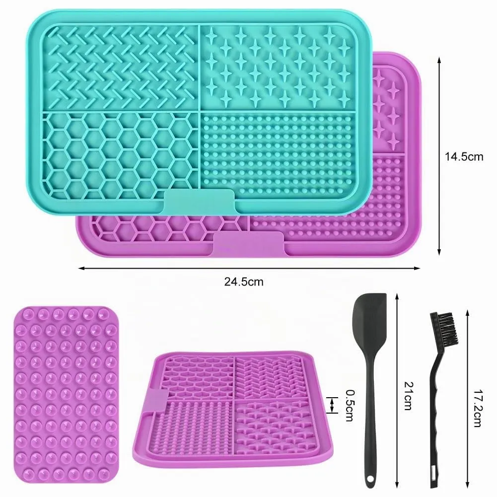 Adiwo 2 Pezzi Tappetino Leccare Cani con Ventosa, Tappetino in Silicone con Spatola e Spazzola, Lick Mat per Cani per Bagno, Toelettatura e Addestramento, Adatto per Cani e Gatti (Viola e blu) - immagine 2