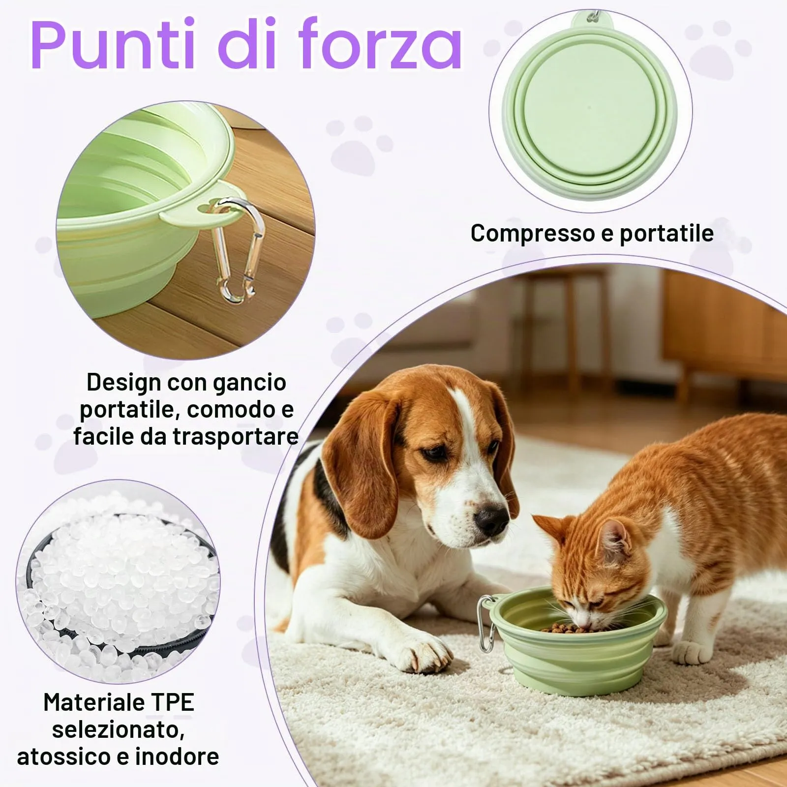 Fancysky Ciotola Cane Pieghevole, 2 Pezzi in Silicone con Moschettone - immagine 4