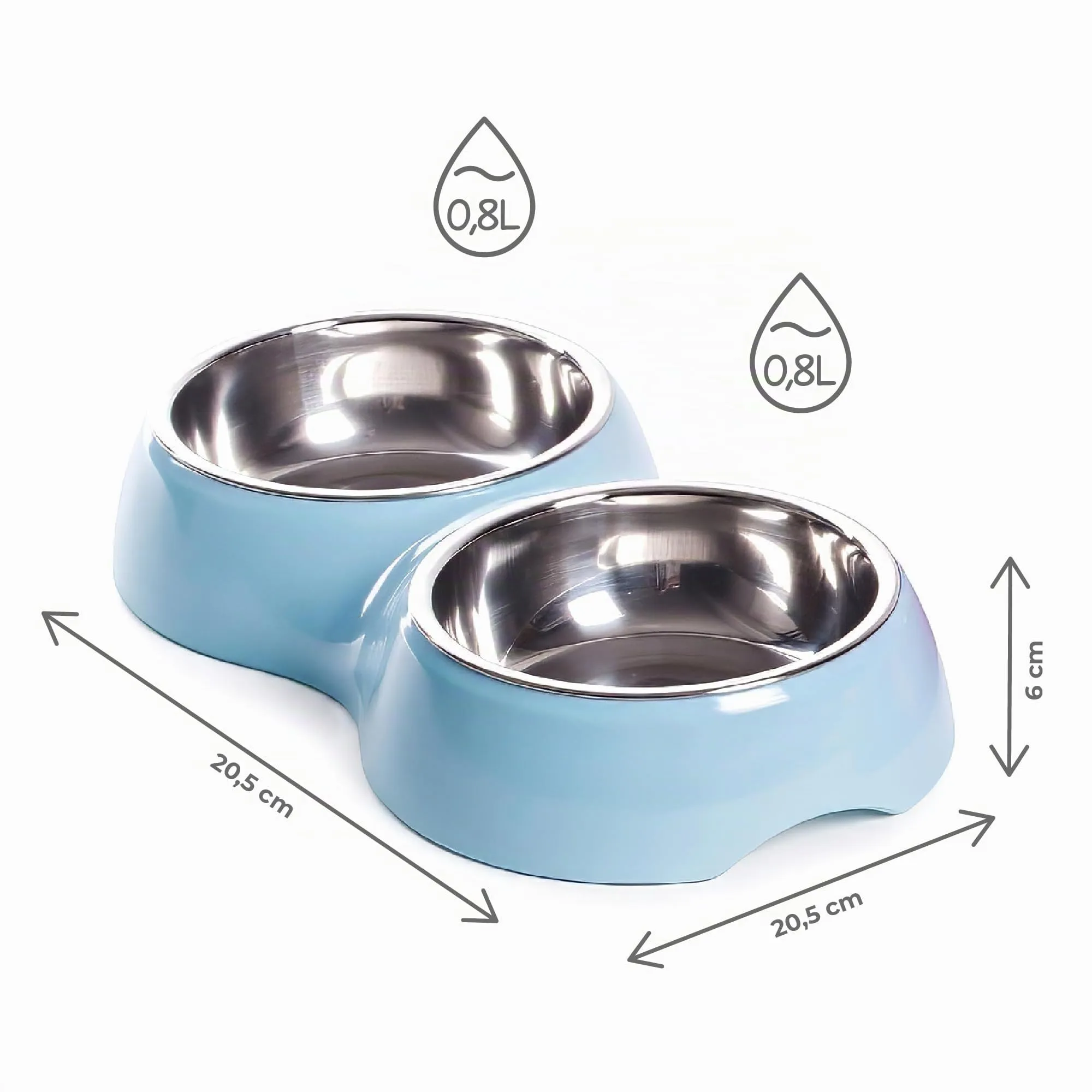 Ciotola Doppia per Cani e Gatti con 2 Vaschette in Acciaio Inox da 0,8 L, Dispenser Acqua e Cibo, Base in Plastica Resistente, 20,5 x 20,5 x 6 cm - Azzurro - immagine 4
