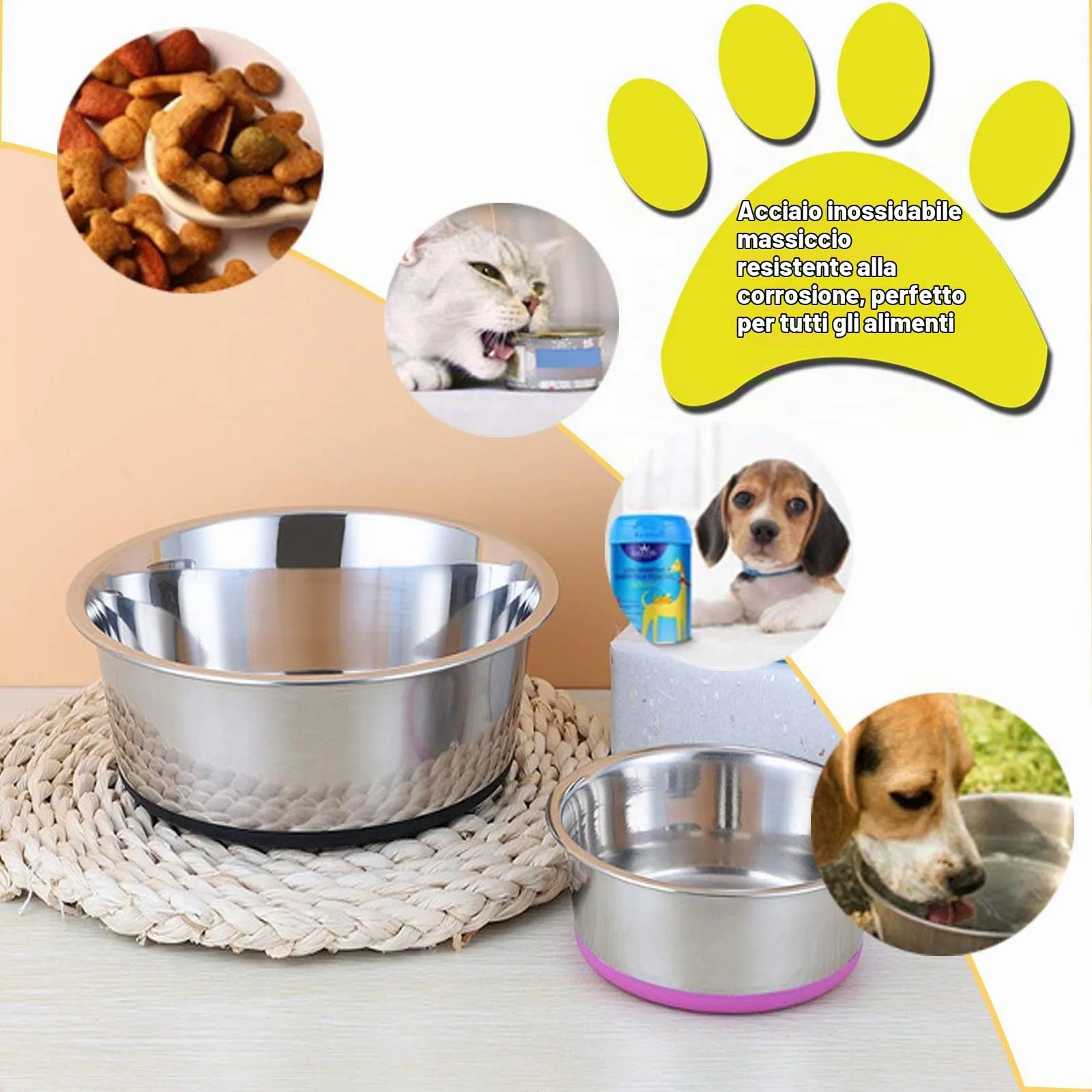 SUOXU Ciotola spessa in acciaio inox per cani e gatti, con basi in silicone antiscivolo, ciotole per l'alimentazione dei cuccioli, lavabile in lavastoviglie per cani e gatti (S-14 cm) - immagine 5
