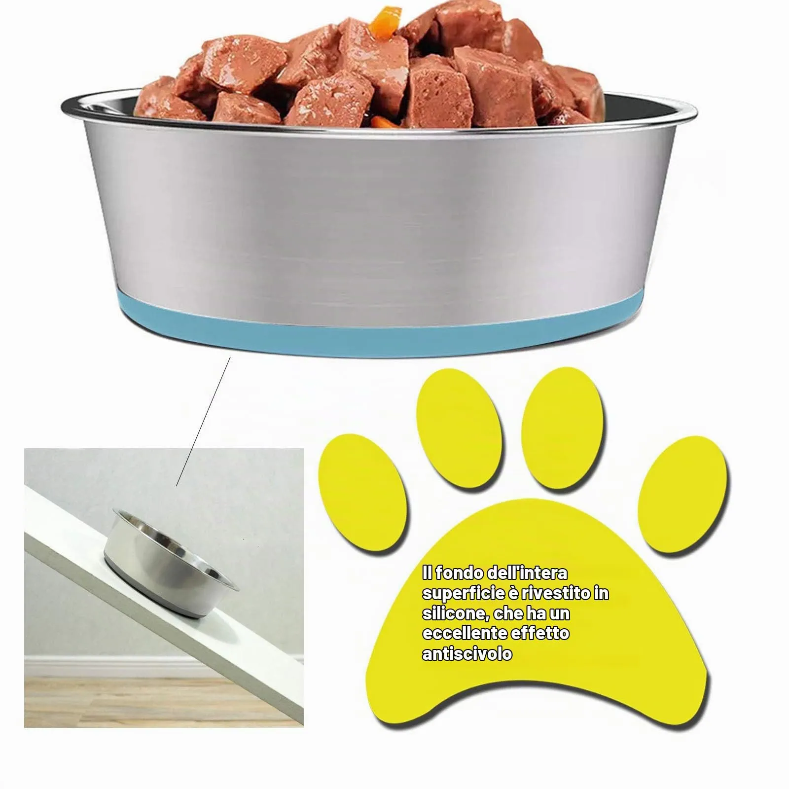 SUOXU Ciotole spesse in acciaio inox per cani e gatti, basi in silicone antiscivolo, mangiatoia per cani di taglia media e piccola e ciotole per acqua (M, 17 cm) - immagine 3