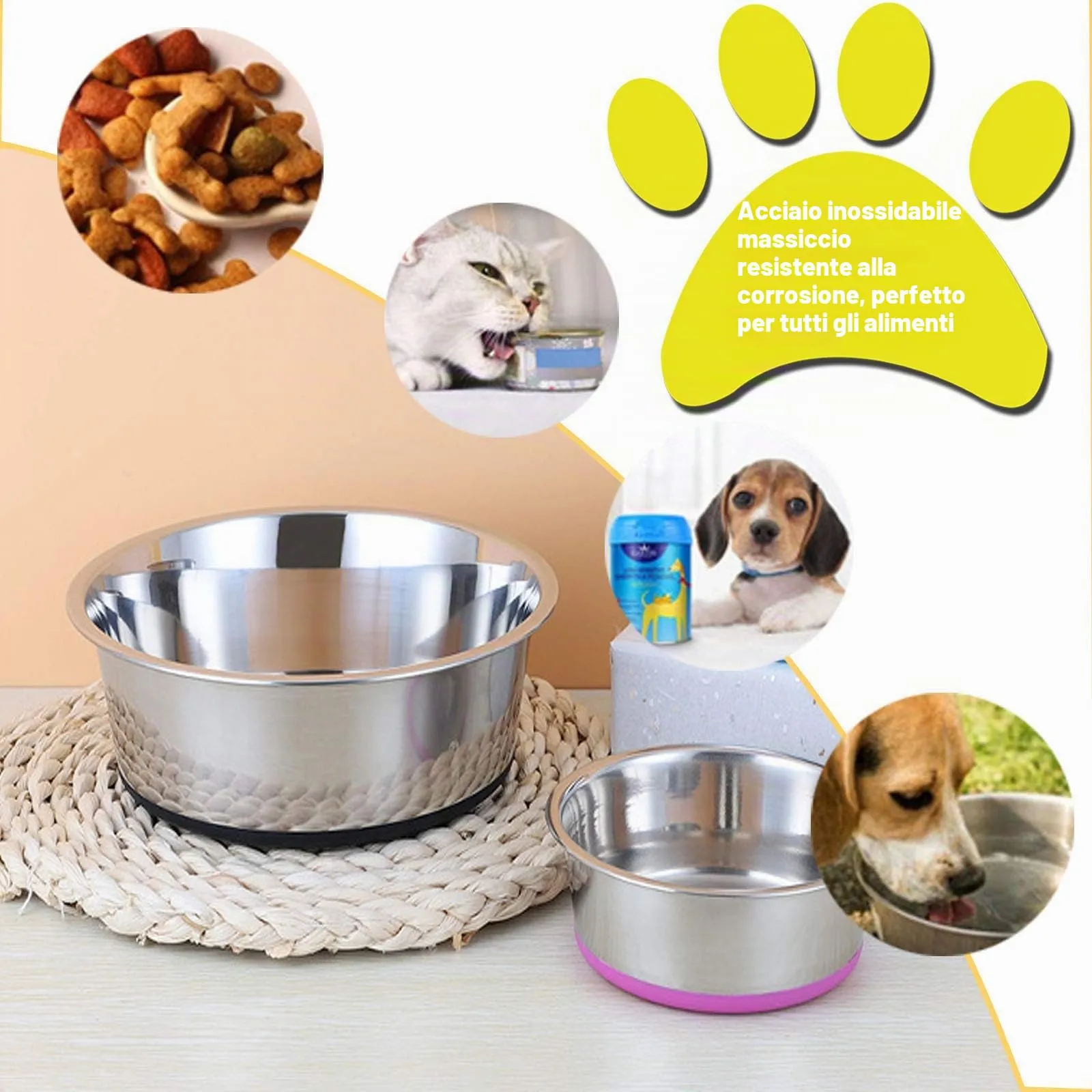 SUOXU Ciotolette per cani in acciaio inossidabile spesso, 2 ciotole per cani con base antiscivolo in silicone, ciotole per cibo e acqua per cani di taglia media e piccola (M-17 cm) - immagine 4