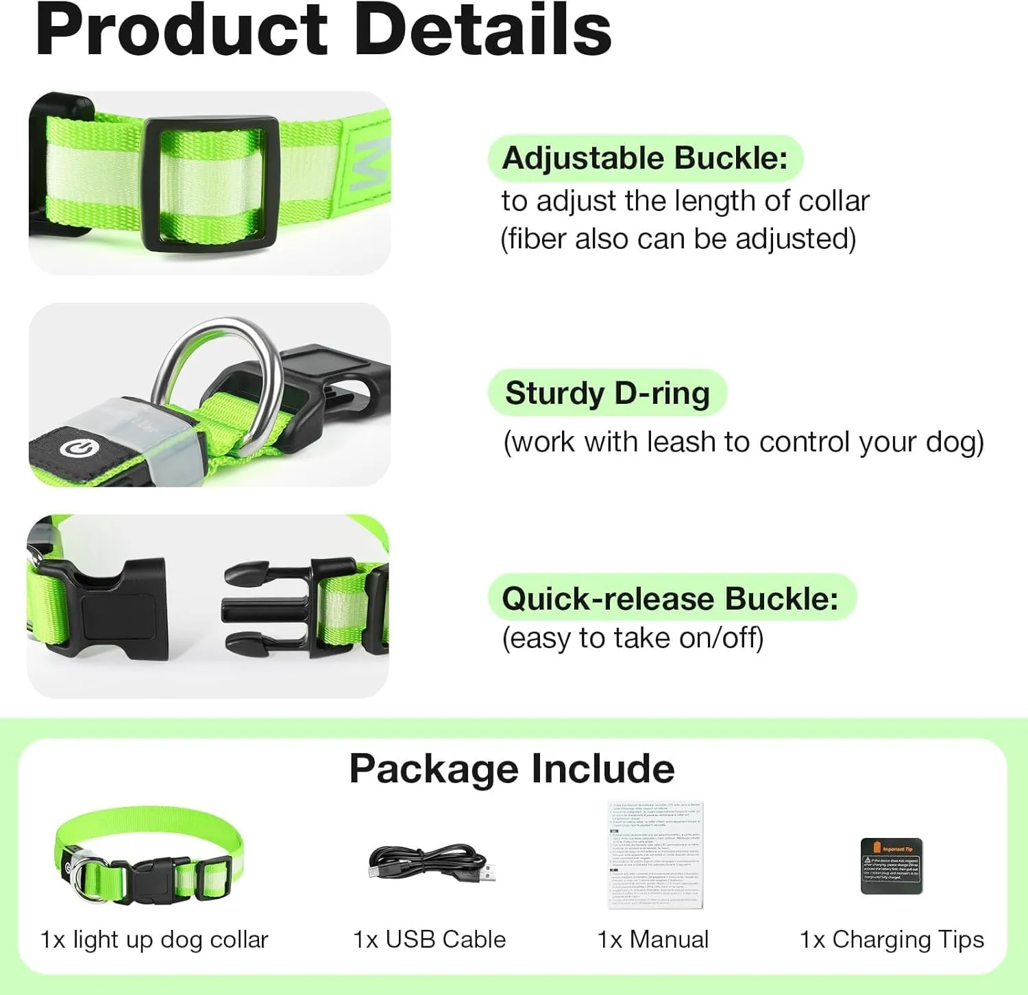 PcEoTllar Collare Luminoso per Cani, Impermeabile, Verde-M - immagine 4