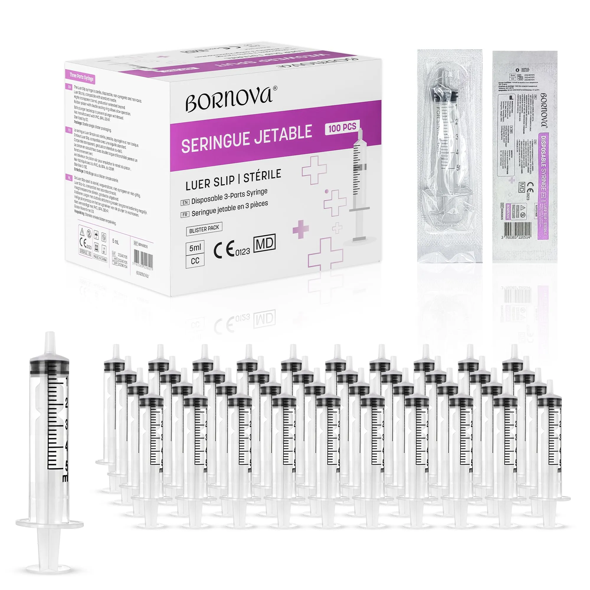 BORNOVA 5 ML /100 pezzi - Distributori di Liquidi in Plastica senza ago da 5 ml per Laboratori, Misurazione di Liquidi, Giardinaggio, Alimentazione Animale e Uso Industriale (5ml /100 pezzi) - immagine 1