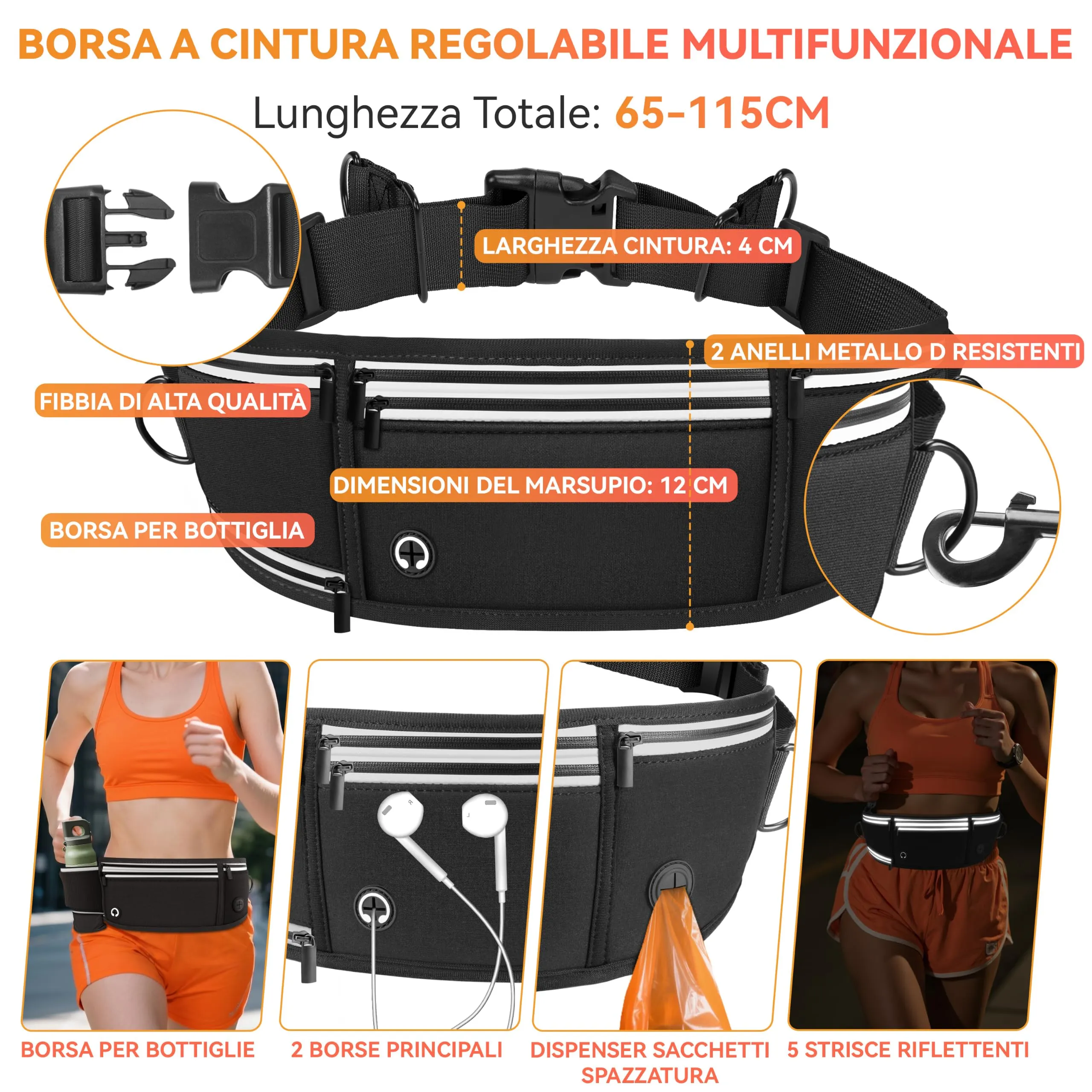 Looxmeer Guinzaglio Mani Libere per Cani, Guinzaglio per Cani da Corsa, Passeggio, Trekking con Cintura in Vita Regolabile e Custodia per l'Acqua con Filo Riflettente, Nero - immagine 2
