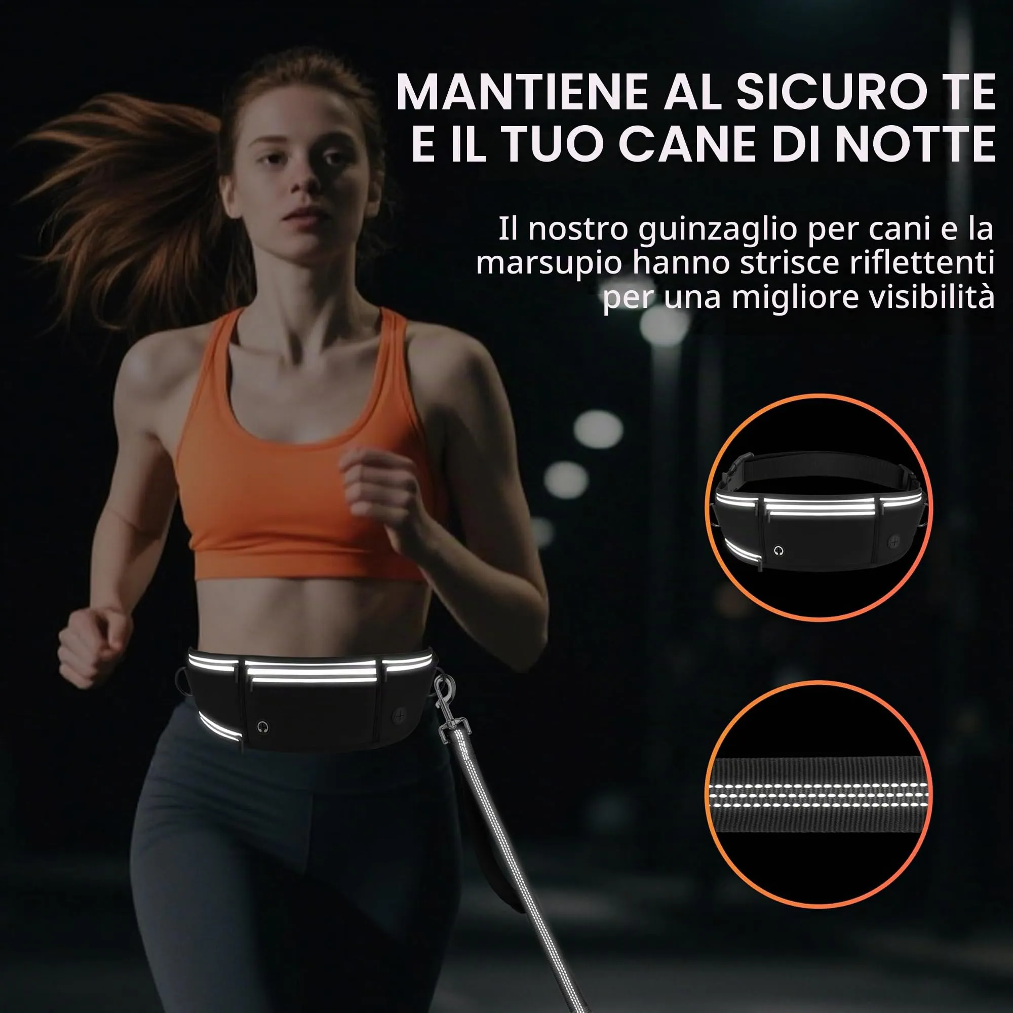 Looxmeer Guinzaglio Mani Libere per Cani, Guinzaglio per Cani da Corsa, Passeggio, Trekking con Cintura in Vita Regolabile e Custodia per l'Acqua con Filo Riflettente, Nero - immagine 6
