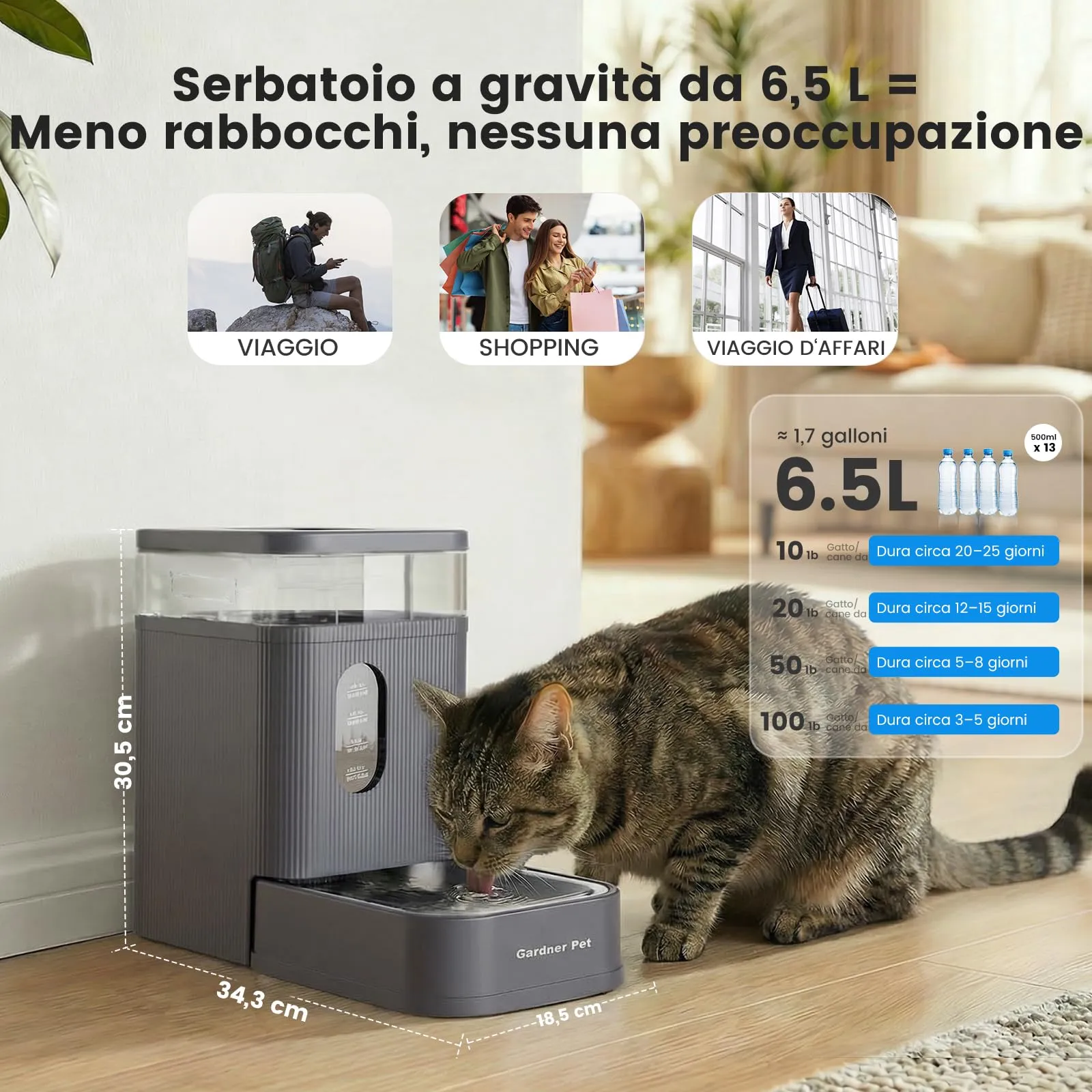 Gardner Pet Distributore Acqua Automatico 6,5L per Cani e Gatti, Grigio - immagine 2
