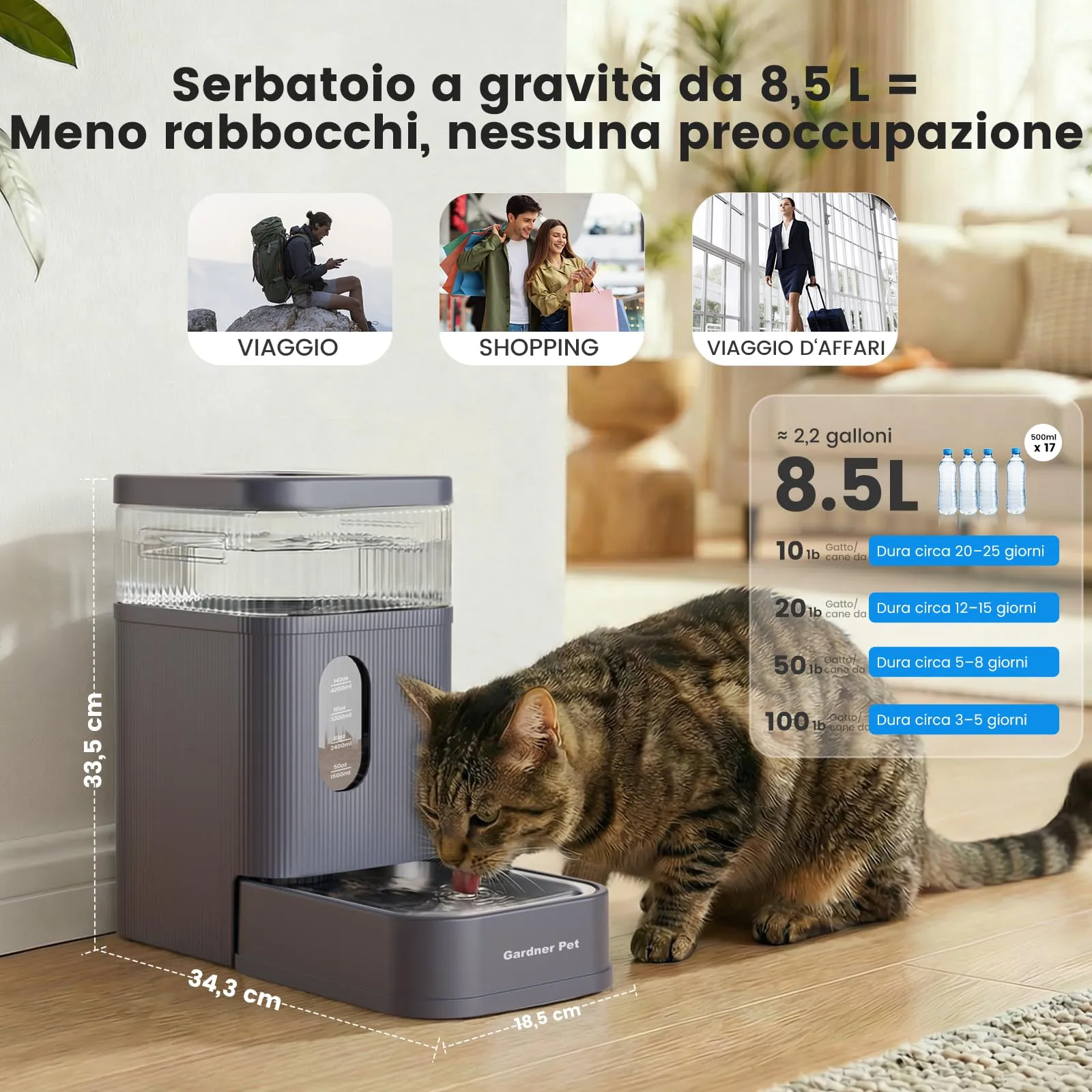 Gardner Pet Distributore Acqua Automatico 8,5L per Cani e Gatti, Grigio - immagine 2