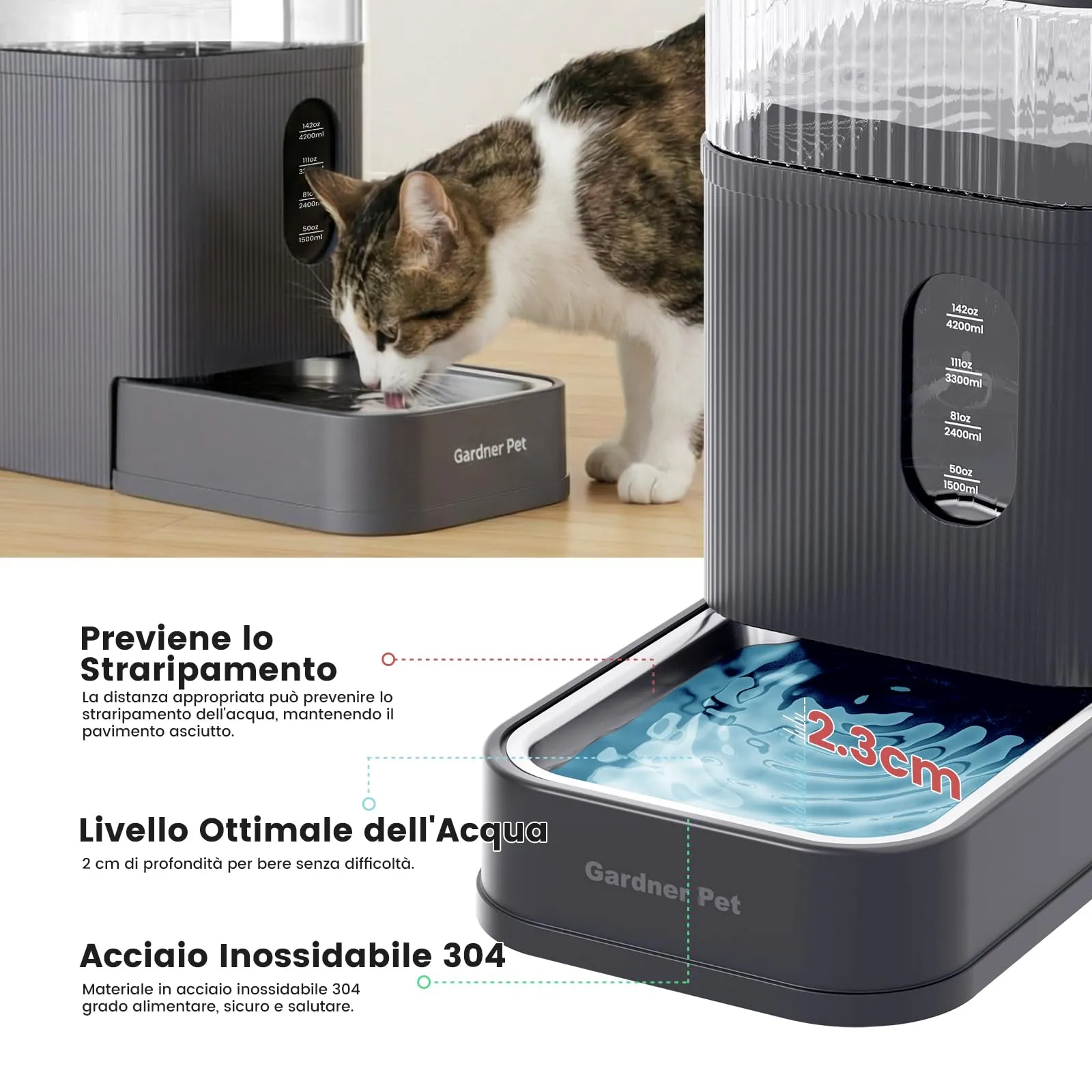 Gardner Pet Distributore Acqua Automatico 8,5L per Cani e Gatti, Grigio - immagine 4