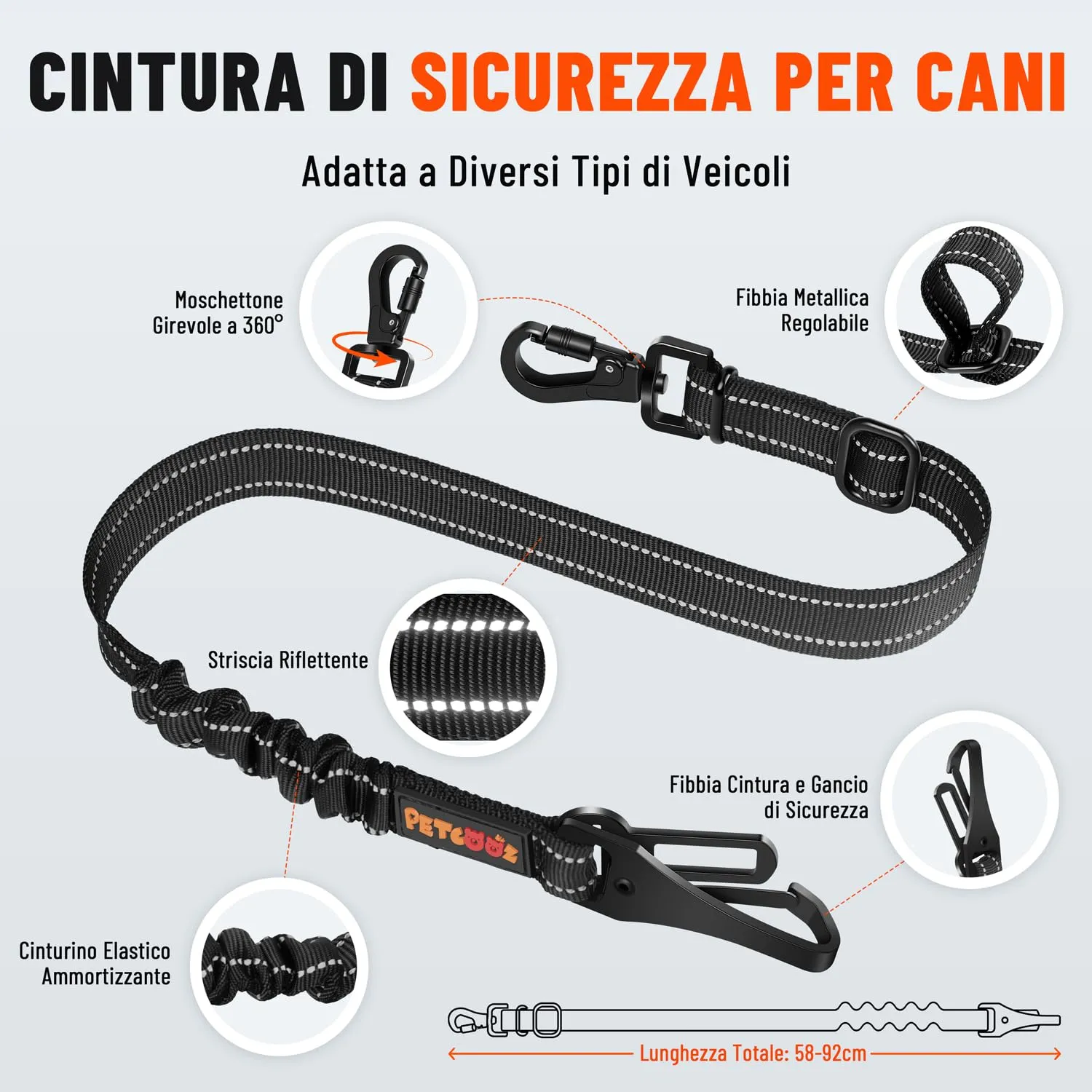 PETCOOZ Cintura Sicurezza Auto Durevole per Cani, Guinzaglio in Nylon Riflettente e Elastica con Forte Moschettone, Regolabile 58-92cm per Tutti Cani e Gatti, Doppio Aggancio Universale per SUV Camion - immagine 2