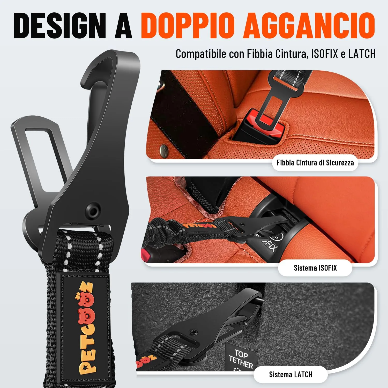 PETCOOZ Cintura Sicurezza Auto Durevole per Cani, Guinzaglio in Nylon Riflettente e Elastica con Forte Moschettone, Regolabile 58-92cm per Tutti Cani e Gatti, Doppio Aggancio Universale per SUV Camion - immagine 3