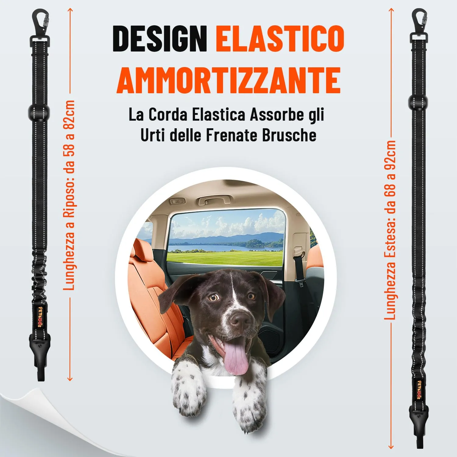 PETCOOZ Cintura Sicurezza Auto Durevole per Cani, Guinzaglio in Nylon Riflettente e Elastica con Forte Moschettone, Regolabile 58-92cm per Tutti Cani e Gatti, Doppio Aggancio Universale per SUV Camion - immagine 5