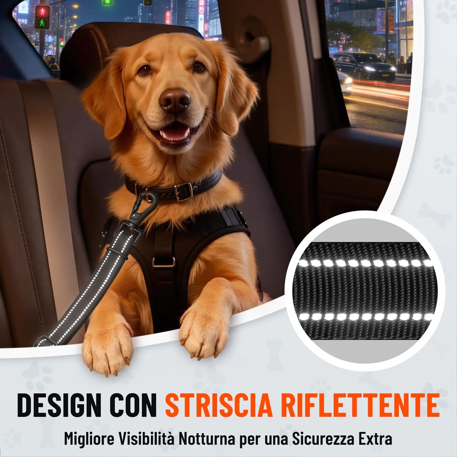 PETCOOZ Cintura Sicurezza Auto Durevole per Cani, Guinzaglio in Nylon Riflettente e Elastica con Forte Moschettone, Regolabile 58-92cm per Tutti Cani e Gatti, Doppio Aggancio Universale per SUV Camion - immagine 6