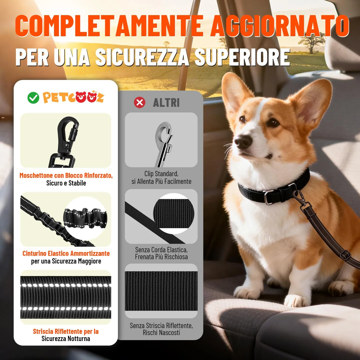 PETCOOZ Cintura Sicurezza Auto Durevole per Cani, Guinzaglio in Nylon Riflettente e Elastica con Forte Moschettone, Regolabile 58-92cm per Tutti Cani e Gatti, Doppio Aggancio Universale per SUV Camion - immagine 7