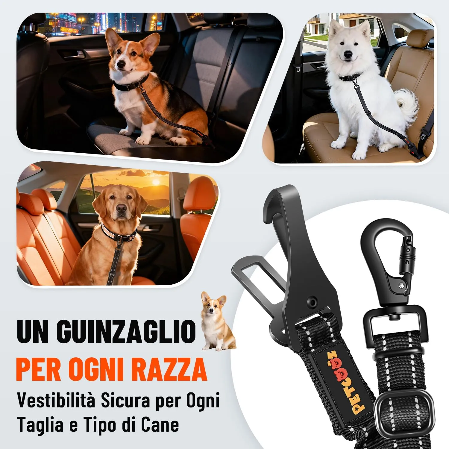 PETCOOZ Cintura Sicurezza Auto Durevole per Cani, Guinzaglio in Nylon Riflettente e Elastica con Forte Moschettone, Regolabile 58-92cm per Tutti Cani e Gatti, Doppio Aggancio Universale per SUV Camion - immagine 8