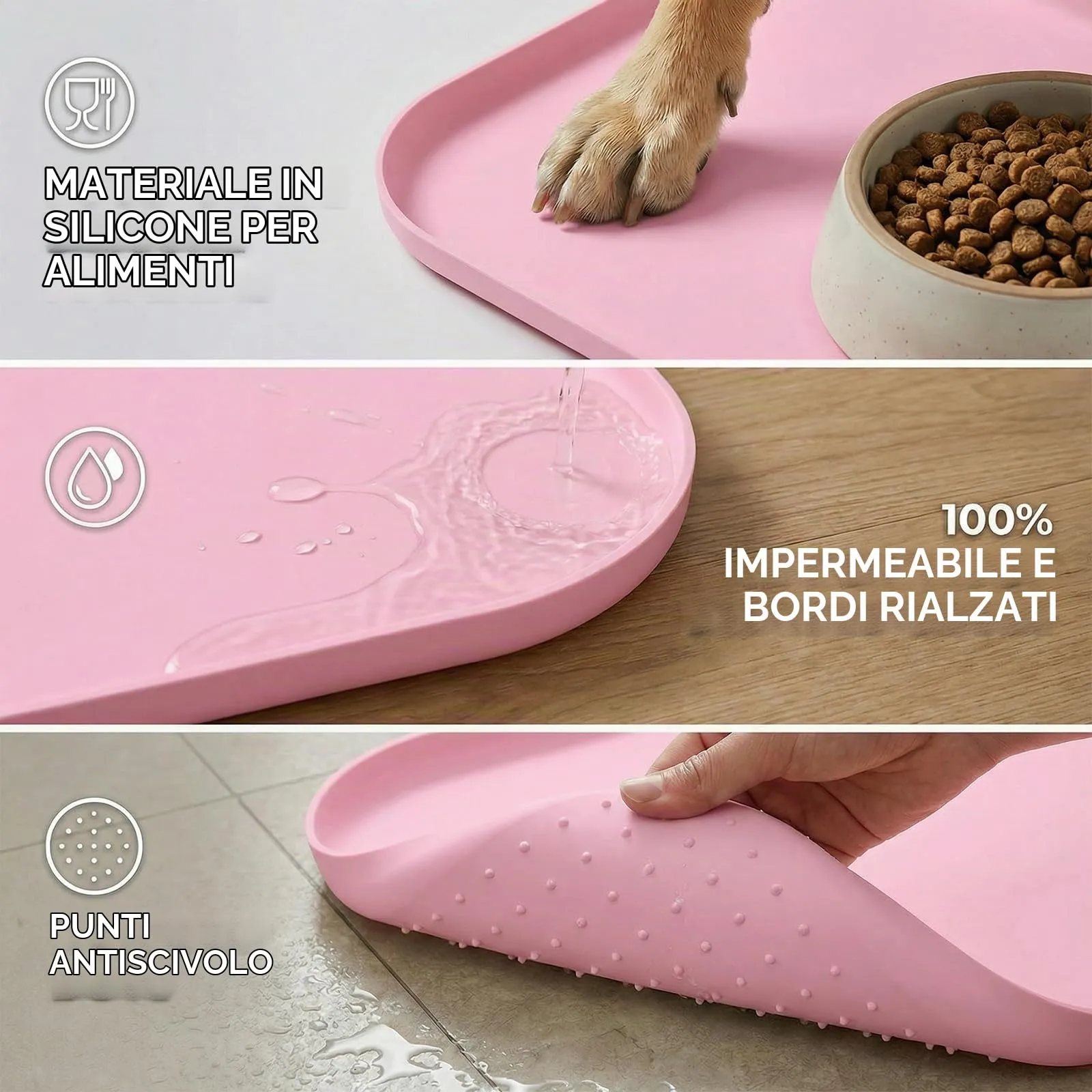 BLESWIN Tappetino impermeabile in silicone per alimentazione animali domestici con bordi rialzati, tappetino per ciotola gatto facile da pulire (rosa, 60×40 cm) - immagine 4