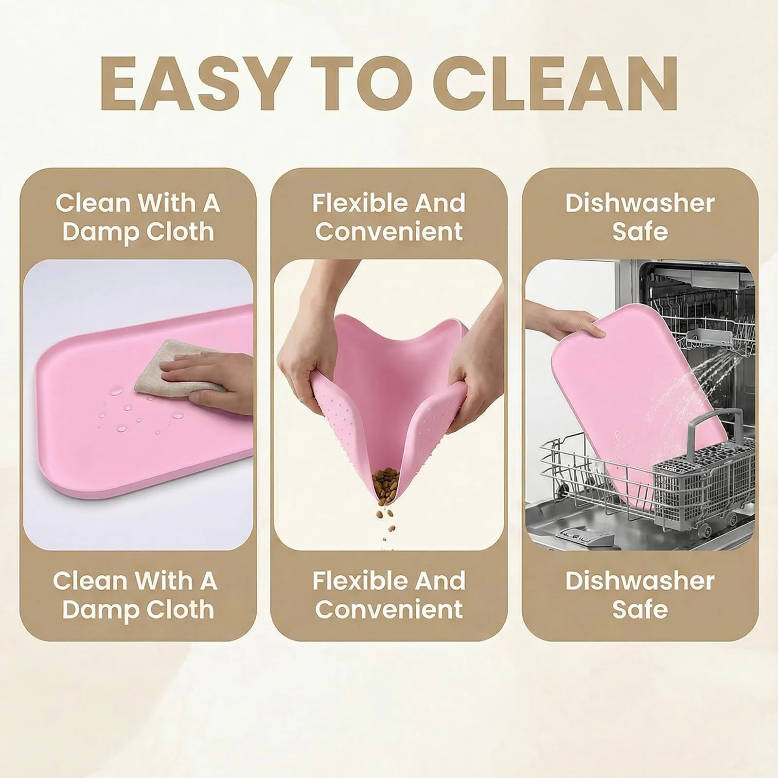 BLESWIN Tappetino impermeabile in silicone per alimentazione animali domestici con bordi rialzati, tappetino per ciotola gatto facile da pulire (rosa, 60×40 cm) - immagine 5