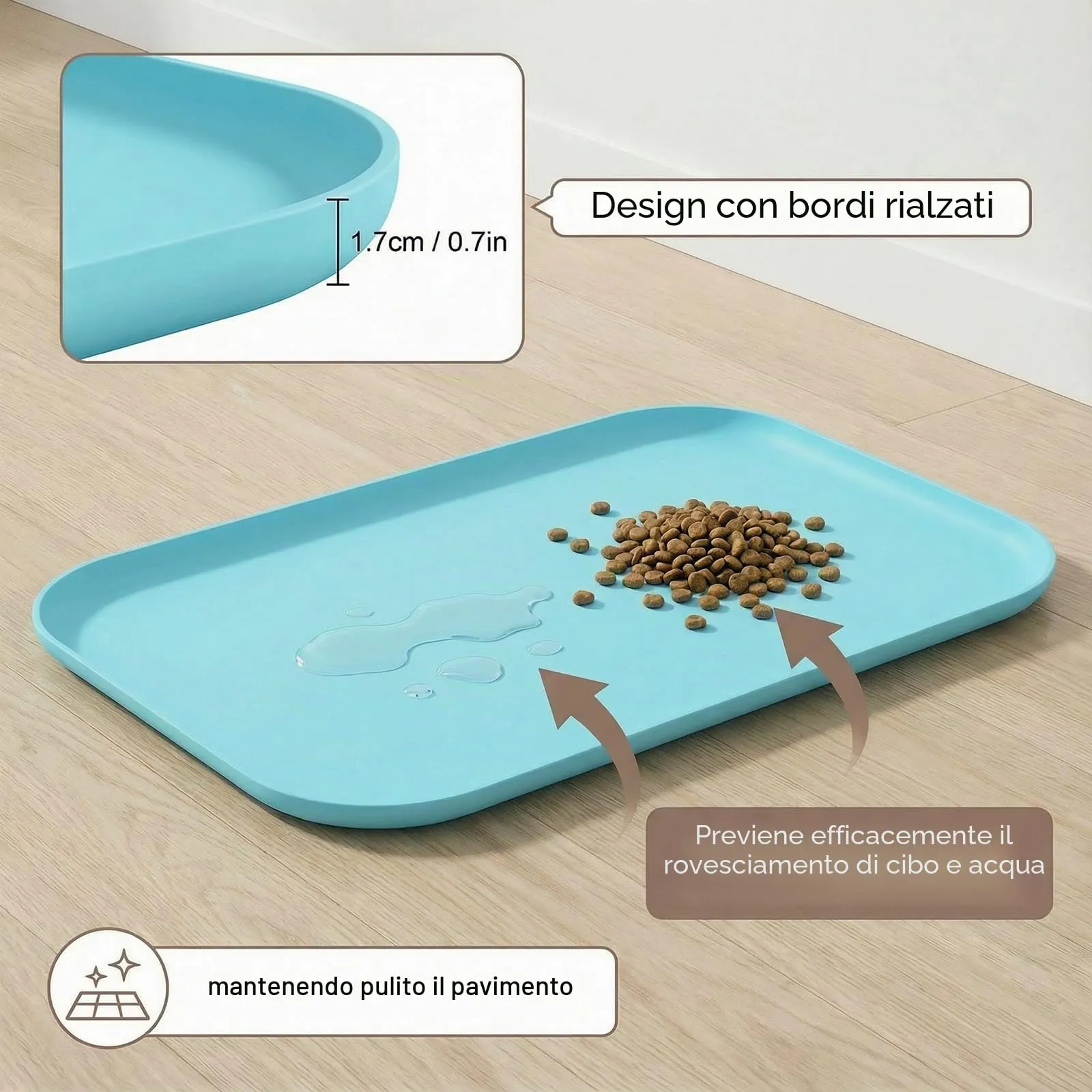 BLESWIN Tappetino antiscivolo in silicone per alimenti per animali domestici/tappetino per alimentazione animali domestici – Tappetino per ciotola gatto con bordi rialzati (Blu, 45×30 cm) - immagine 3