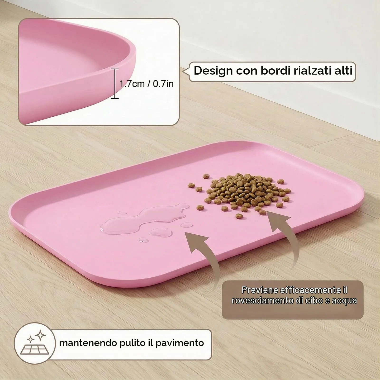 BLESWIN Tappetino antiscivolo in silicone per alimenti per animali domestici/tappetino per alimentazione animali domestici – Tappetino per ciotola gatto con bordi rialzati (rosa, 45×30 cm) - immagine 3